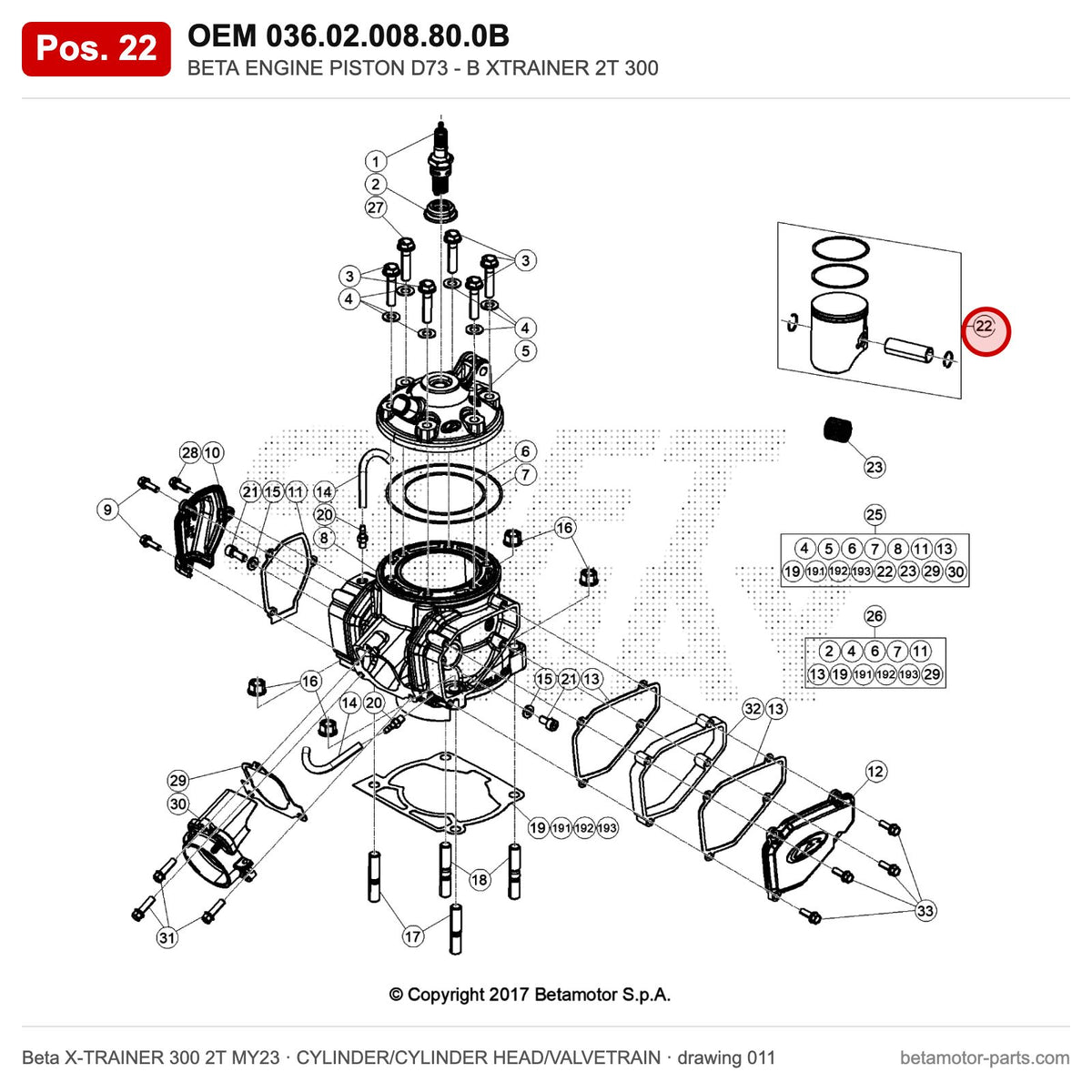 BETA ENGINE PISTON D73 - B XTRAINER 2T 300 – OEM 036.02.008.80.0B, position 22 on the Beta X-TRAINER 300 2T MY23 cylinder/cylinder head/valvetrain drawing