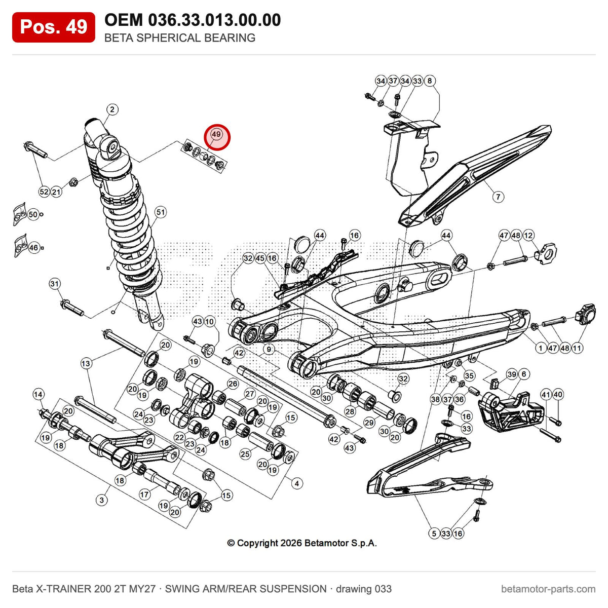 BETA SPHERICAL BEARING – OEM 036.33.013.00.00, position 49 on the Beta X-TRAINER 200 2T MY27 swing arm/rear suspension drawing