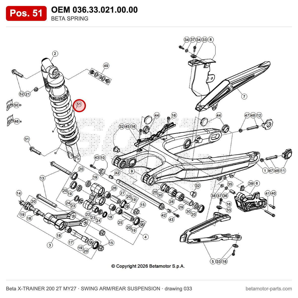 BETA SPRING – OEM 036.33.021.00.00, position 51 on the Beta X-TRAINER 200 2T MY27 swing arm/rear suspension drawing