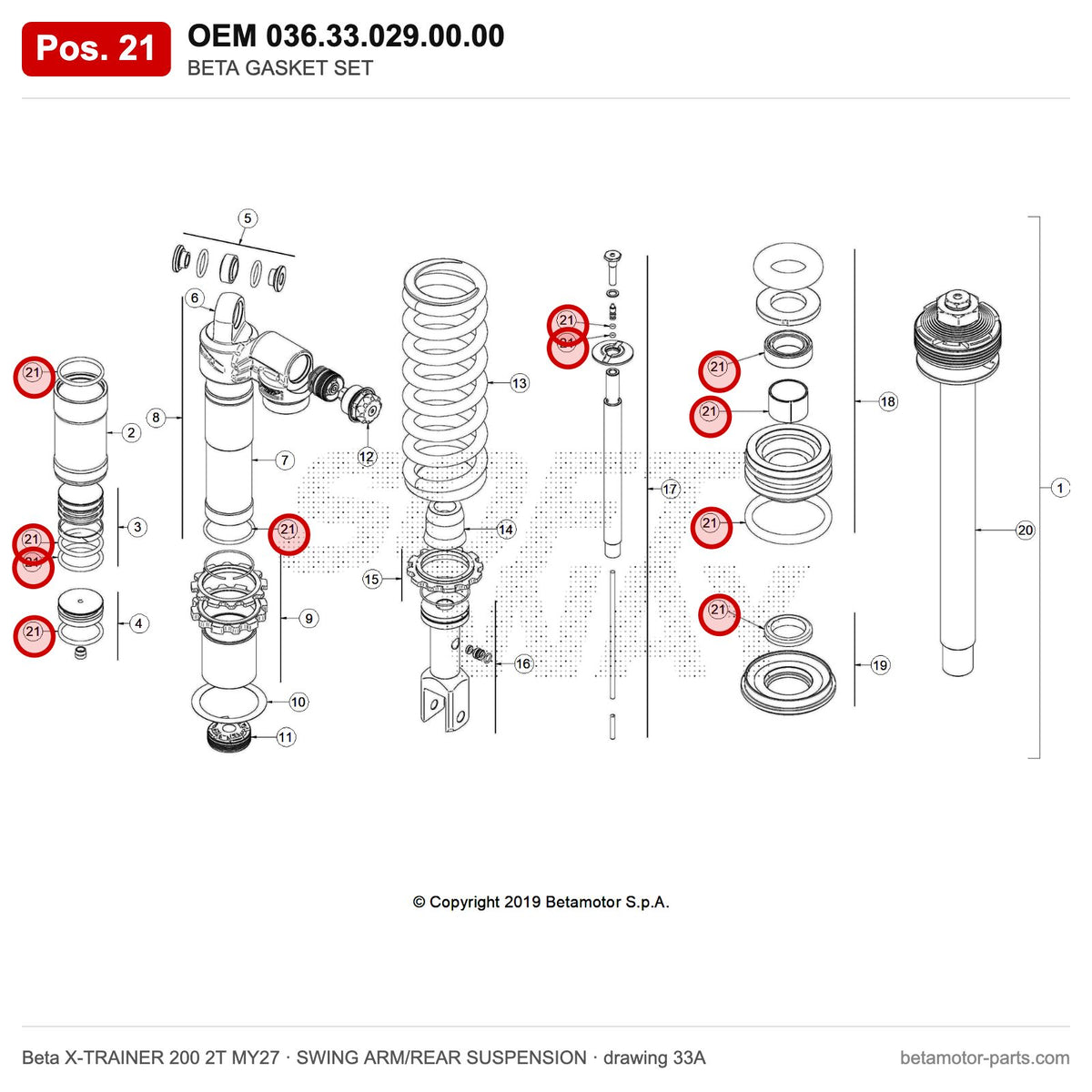 BETA GASKET SET – OEM 036.33.029.00.00, position 21 on the Beta X-TRAINER 200 2T MY27 swing arm/rear suspension drawing