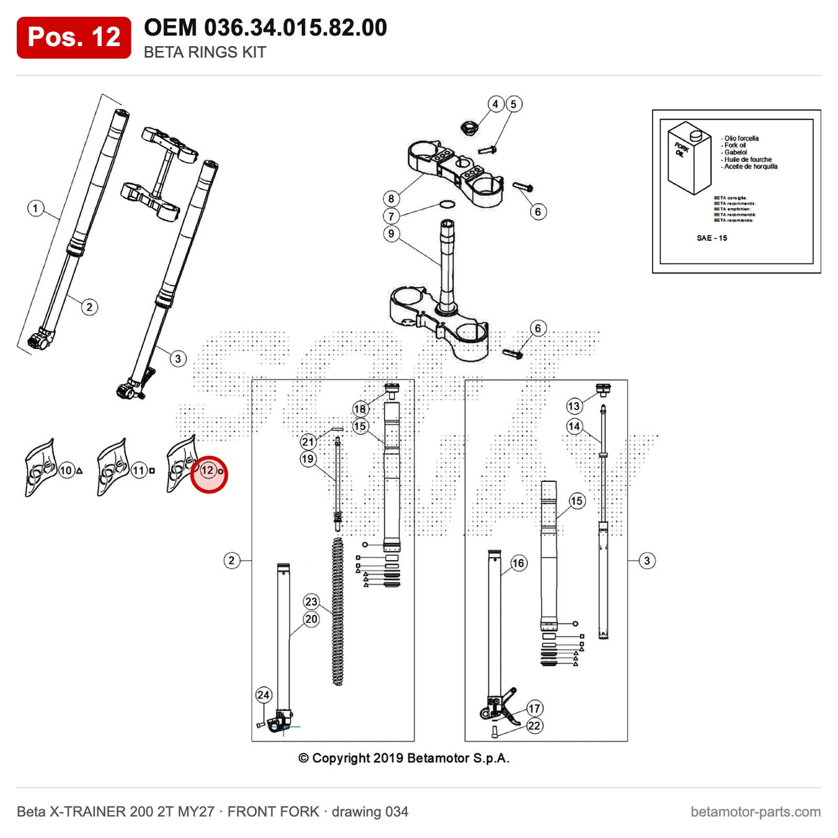 BETA RINGS KIT – OEM 036.34.015.82.00, position 12 on the Beta X-TRAINER 200 2T MY27 front fork drawing