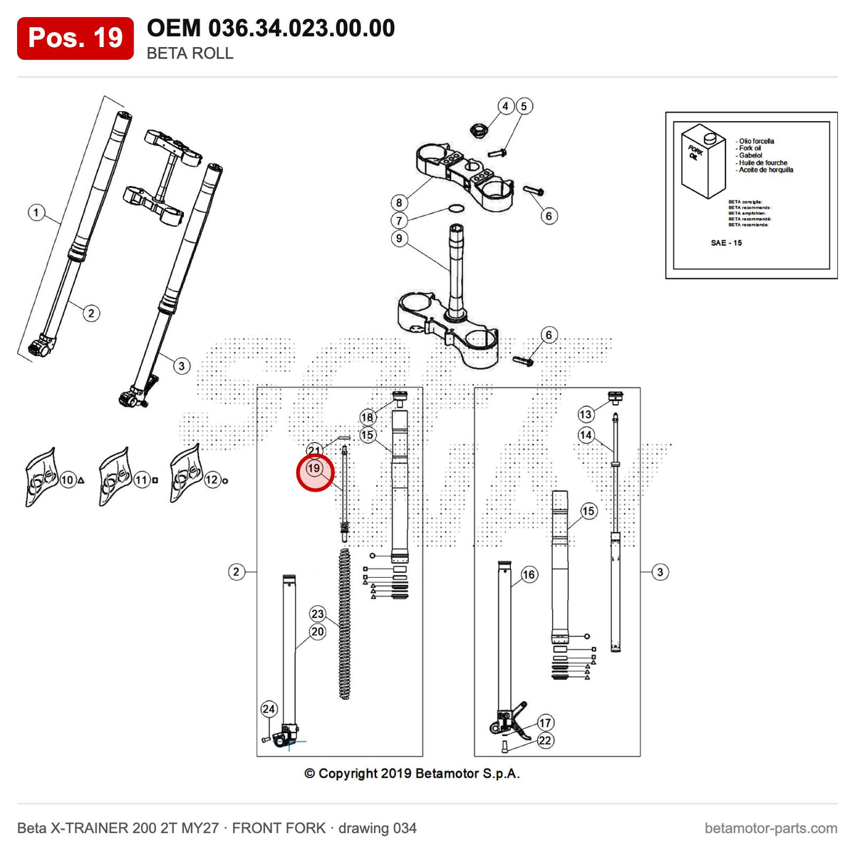 BETA ROLL – OEM 036.34.023.00.00, position 19 on the Beta X-TRAINER 200 2T MY27 front fork drawing