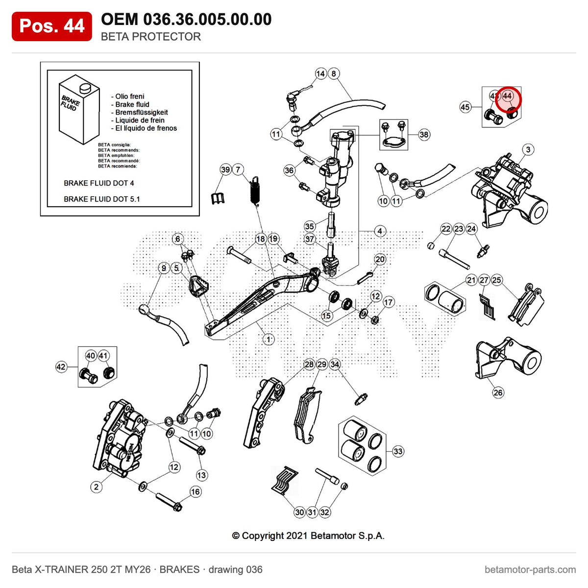BETA PROTECTOR – OEM 036.36.005.00.00, position 44 on the Beta X-TRAINER 250 2T MY26 brakes drawing