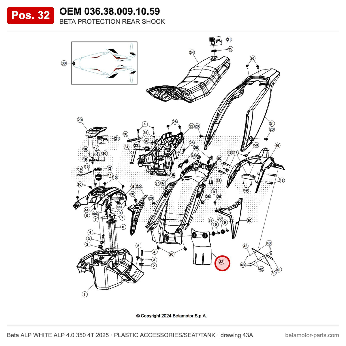 BETA PROTECTION REAR SHOCK – OEM 036.38.009.10.59, position 32 on the Beta ALP WHITE ALP 4.0 350 4T 2025 plastic accessories/seat/tank drawing