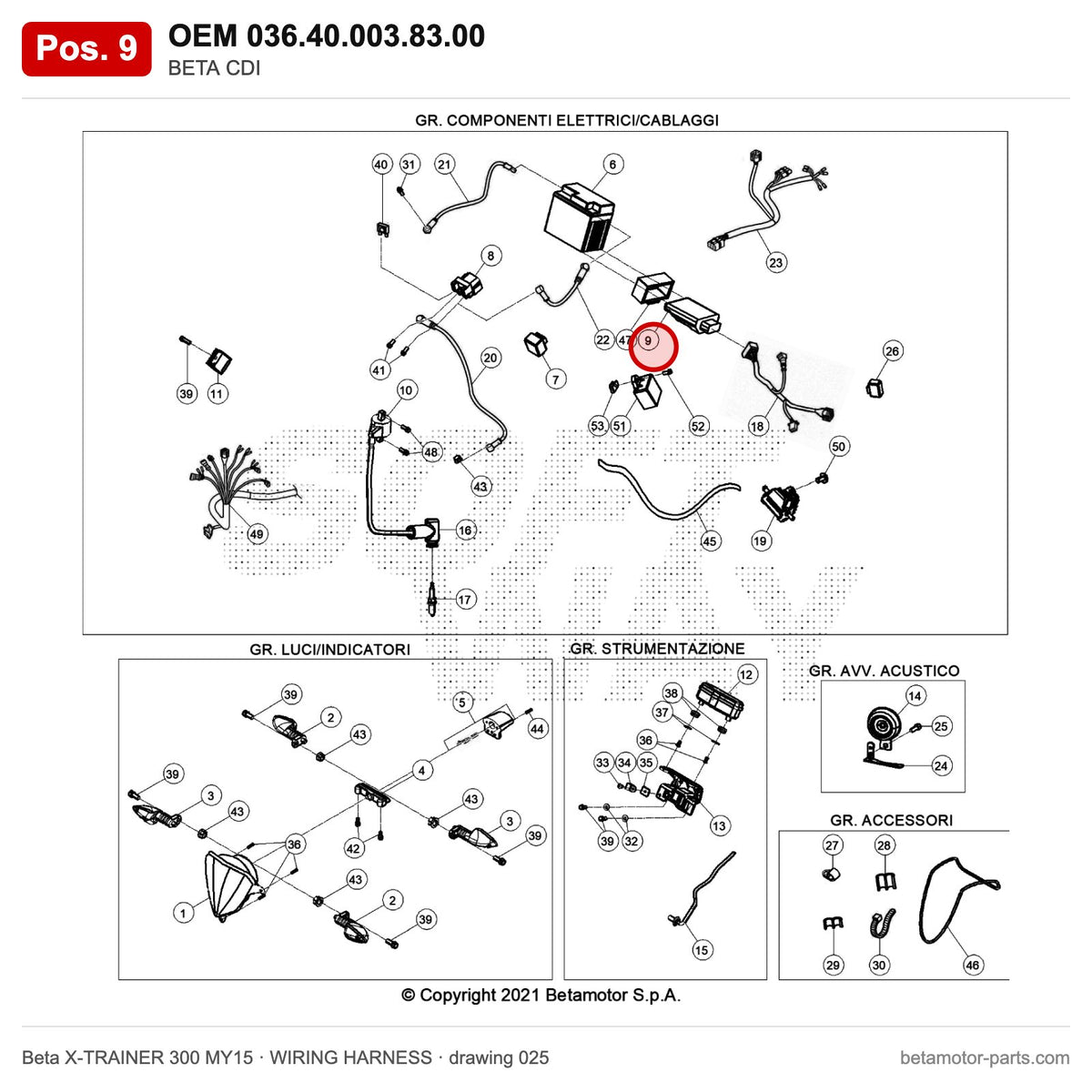 BETA CDI – OEM 036.40.003.83.00, position 9 on the Beta X-TRAINER 300 MY15 wiring harness drawing