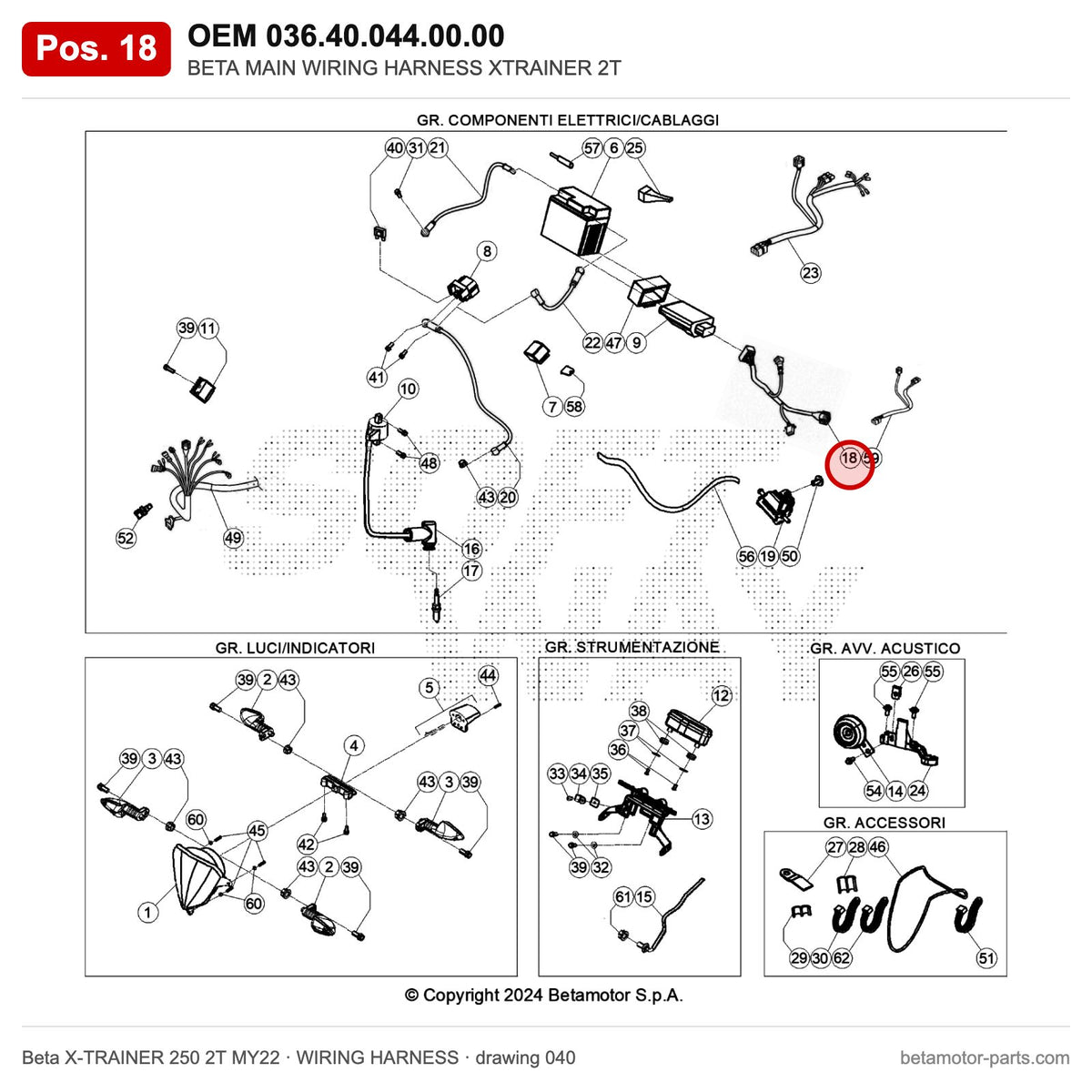 BETA MAIN WIRING HARNESS XTRAINER 2T – OEM 036.40.044.00.00, position 18 on the Beta X-TRAINER 250 2T MY22 wiring harness drawing