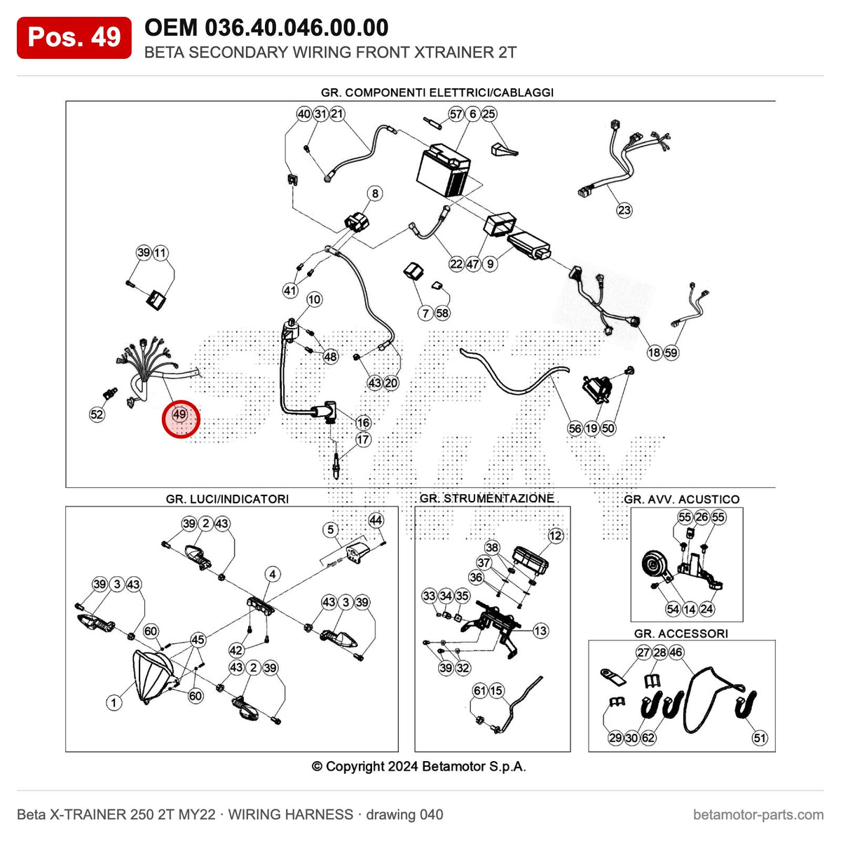 BETA SECONDARY WIRING FRONT XTRAINER 2T – OEM 036.40.046.00.00, position 49 on the Beta X-TRAINER 250 2T MY22 wiring harness drawing