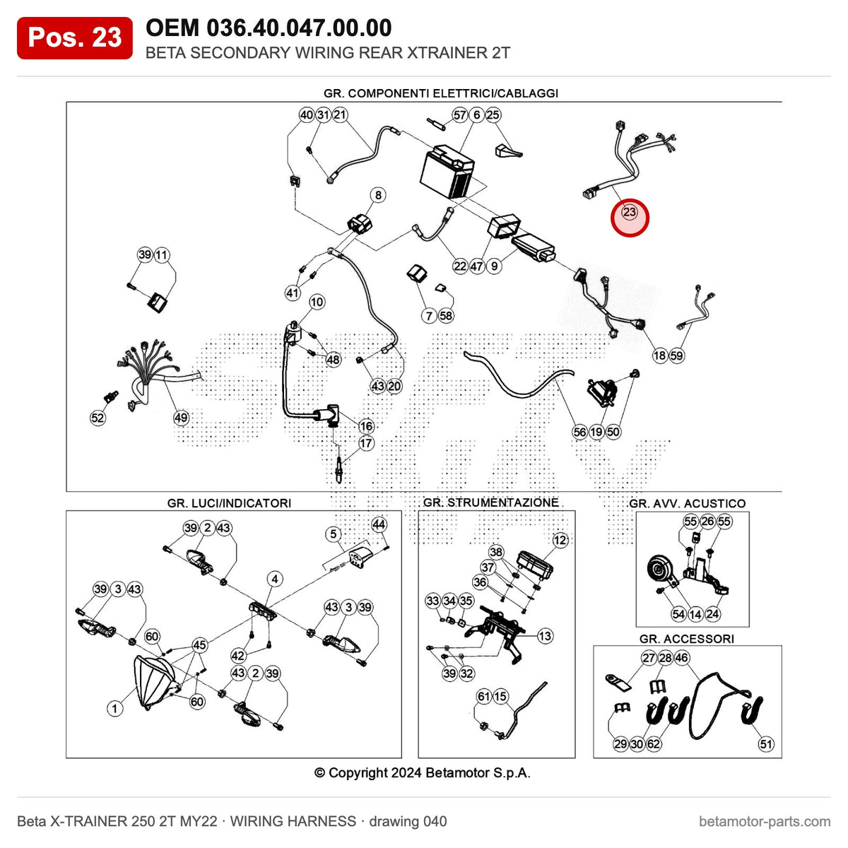 BETA SECONDARY WIRING REAR XTRAINER 2T – OEM 036.40.047.00.00, position 23 on the Beta X-TRAINER 250 2T MY22 wiring harness drawing