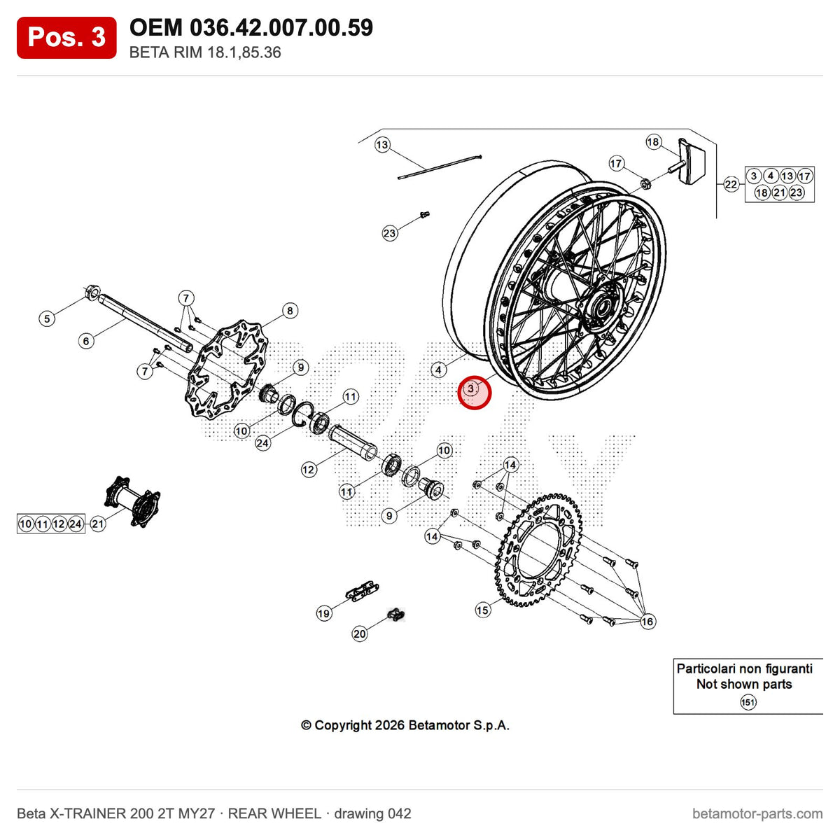 BETA RIM 18.1,85.36 – OEM 036.42.007.00.59, position 3 on the Beta X-TRAINER 200 2T MY27 rear wheel drawing