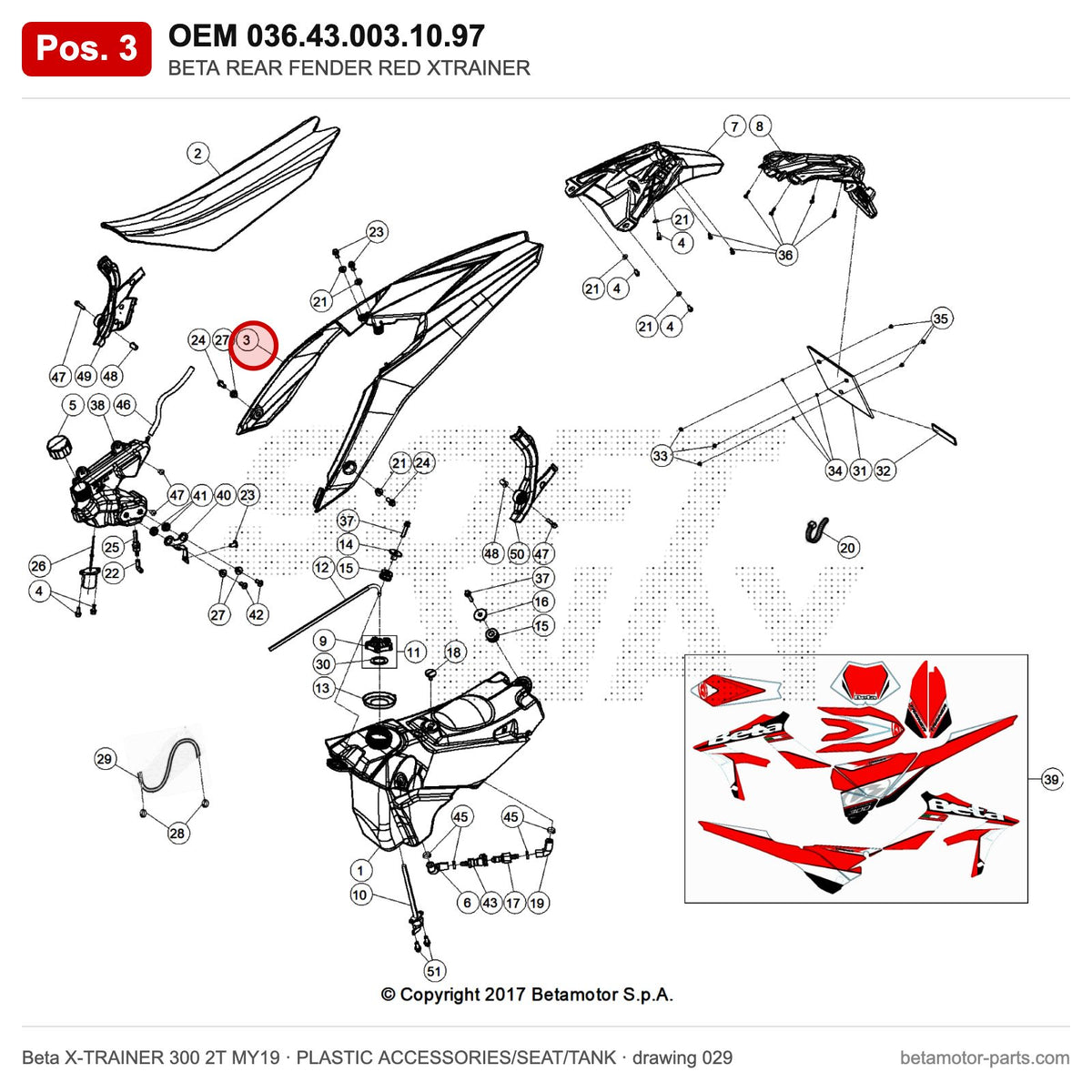 BETA REAR FENDER RED XTRAINER – OEM 036.43.003.10.97, position 3 on the Beta X-TRAINER 300 2T MY19 plastic accessories/seat/tank drawing
