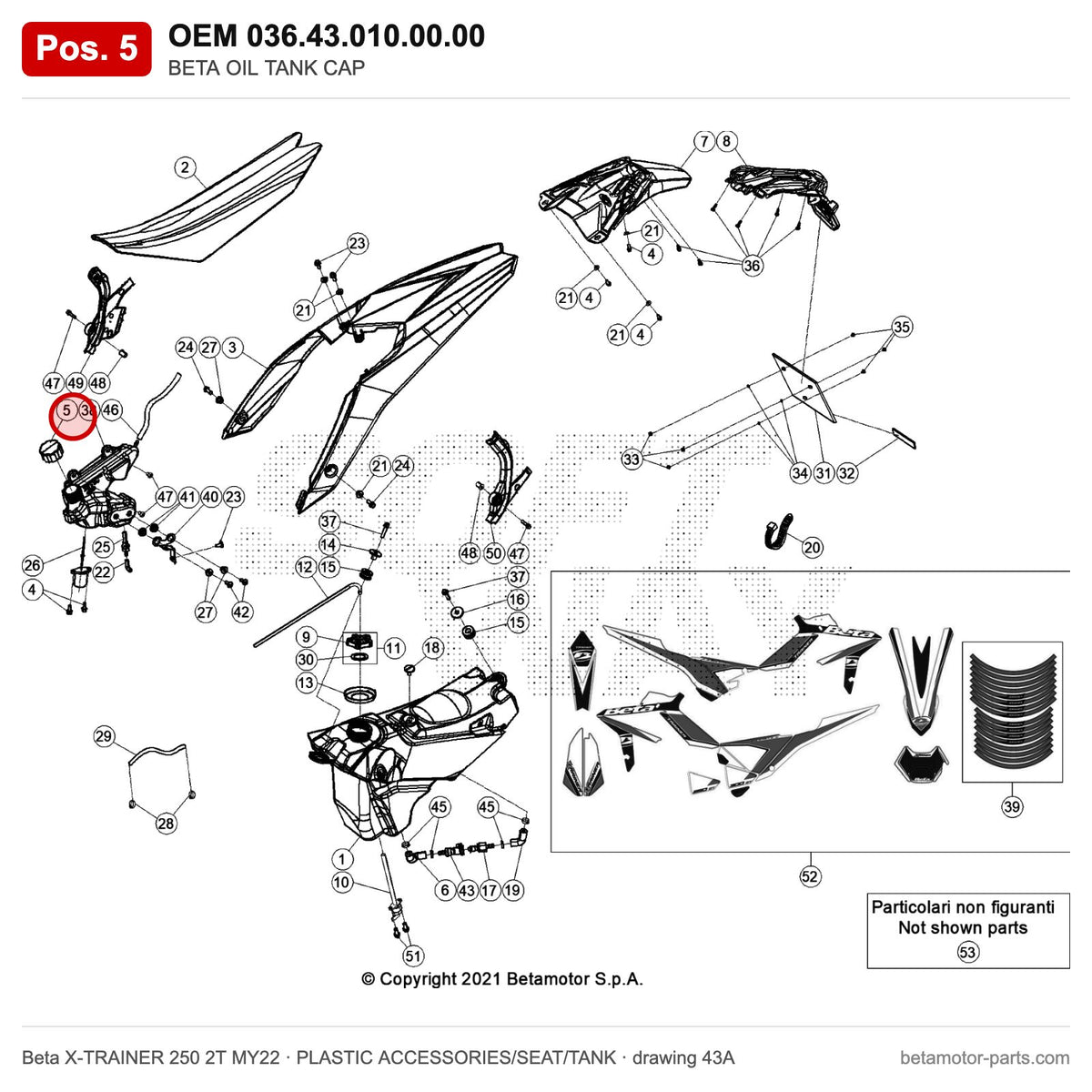 BETA OIL TANK CAP – OEM 036.43.010.00.00, position 5 on the Beta X-TRAINER 250 2T MY22 plastic accessories/seat/tank drawing