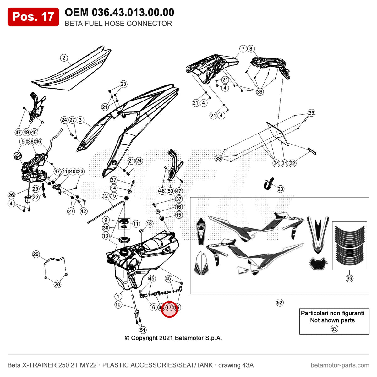 BETA FUEL HOSE CONNECTOR – OEM 036.43.013.00.00, position 17 on the Beta X-TRAINER 250 2T MY22 plastic accessories/seat/tank drawing