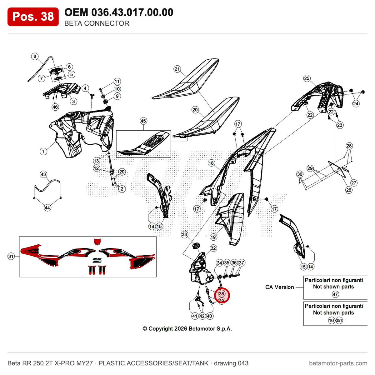 BETA CONNECTOR – OEM 036.43.017.00.00, position 38 on the Beta RR 250 2T X-PRO MY27 plastic accessories/seat/tank drawing