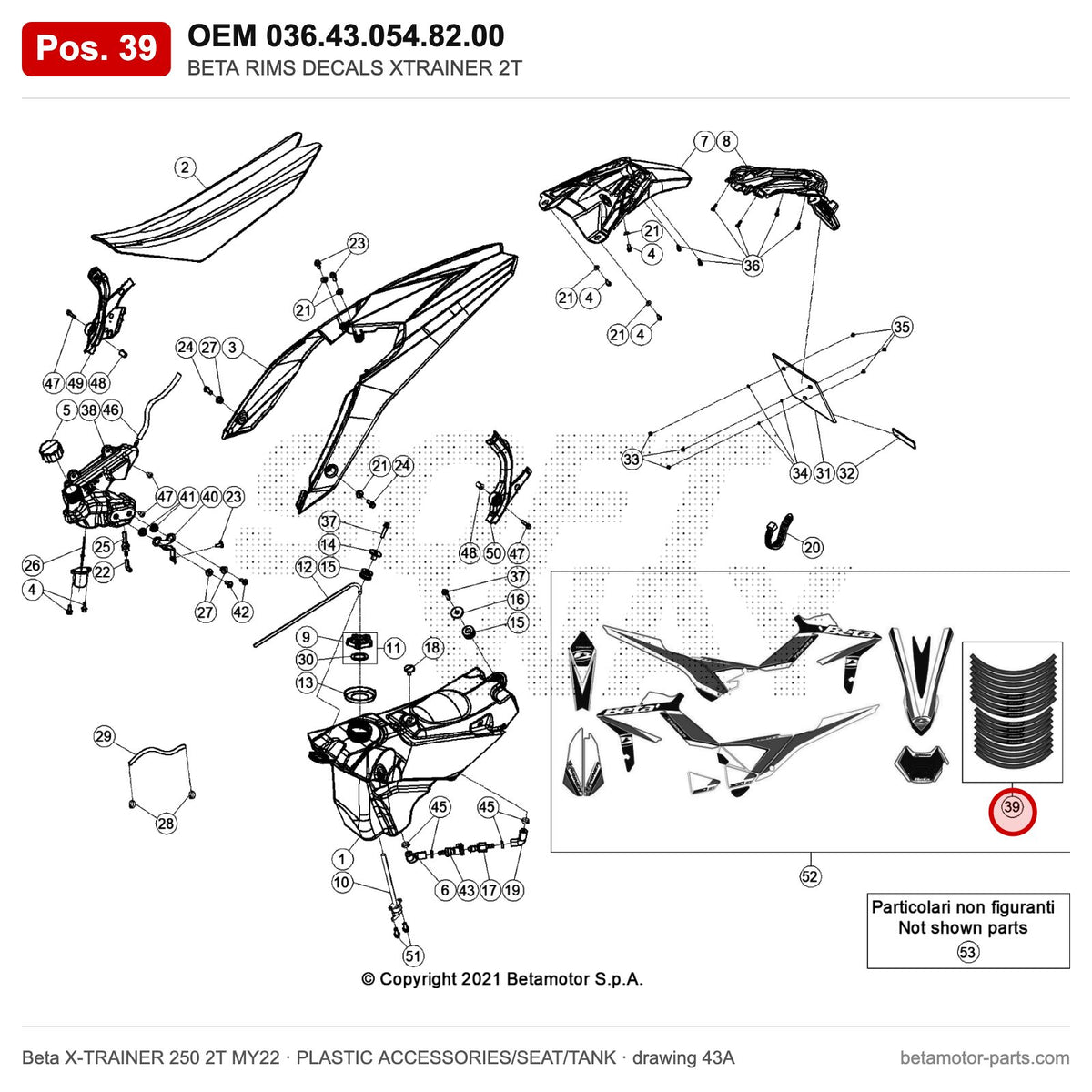 BETA RIMS DECALS XTRAINER 2T – OEM 036.43.054.82.00, position 39 on the Beta X-TRAINER 250 2T MY22 plastic accessories/seat/tank drawing