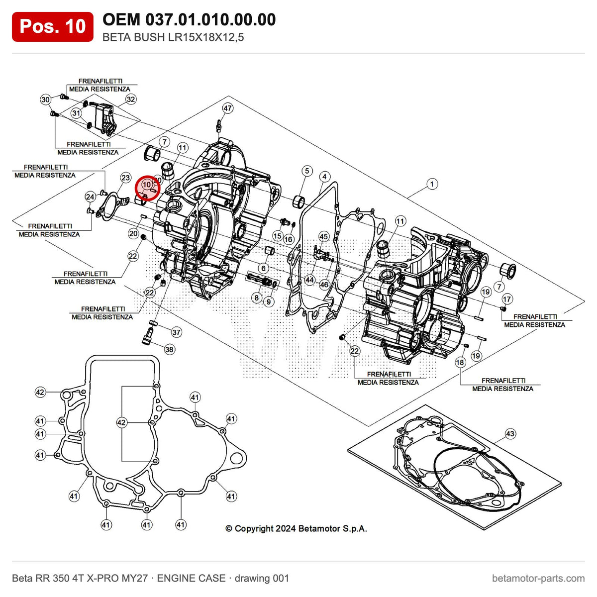 BETA BUSH LR15X18X12,5 – OEM 037.01.010.00.00, position 10 on the Beta RR 350 4T X-PRO MY27 engine case drawing