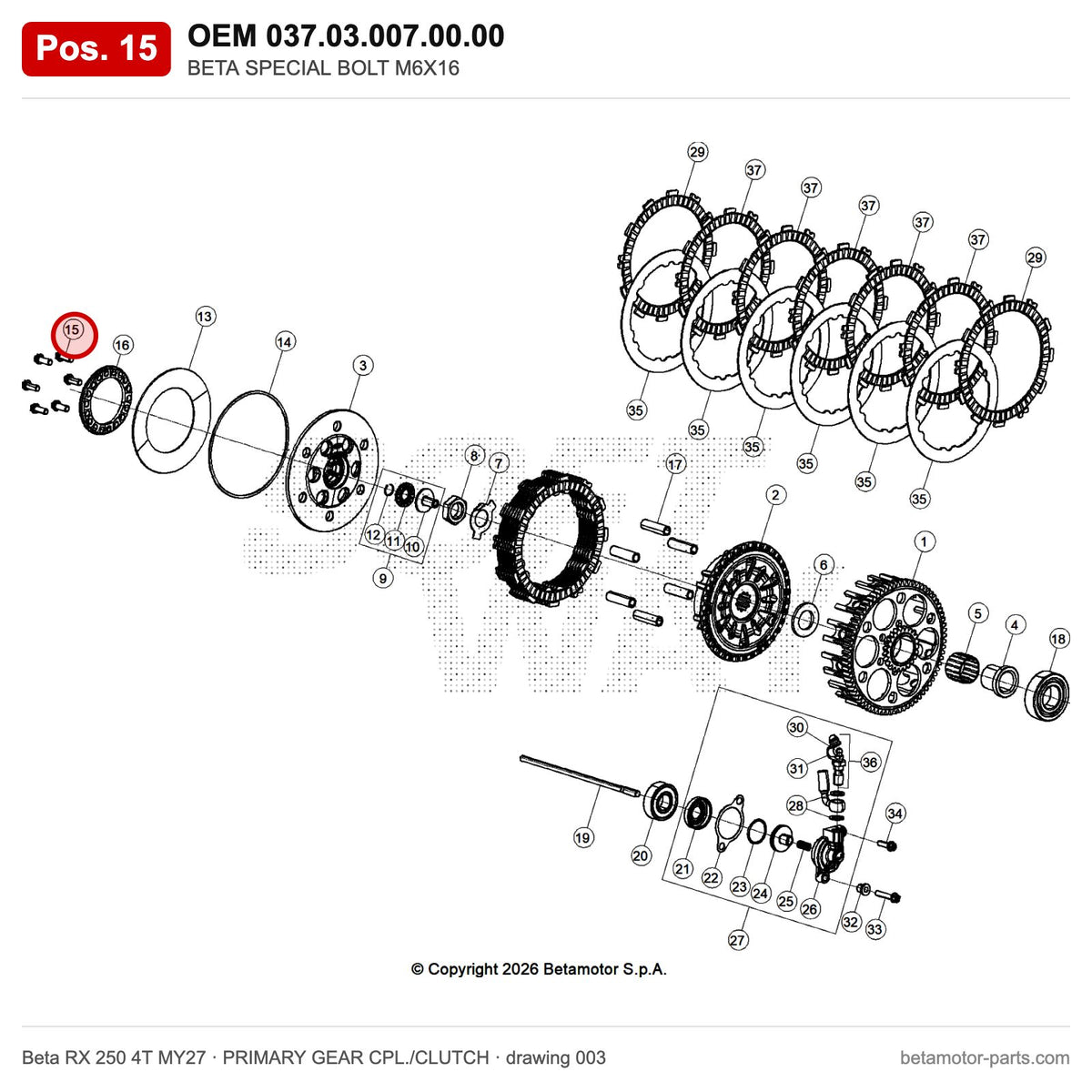 BETA SPECIAL BOLT M6X16 – OEM 037.03.007.00.00, position 15 on the Beta RX 250 4T MY27 primary gear cpl./clutch drawing