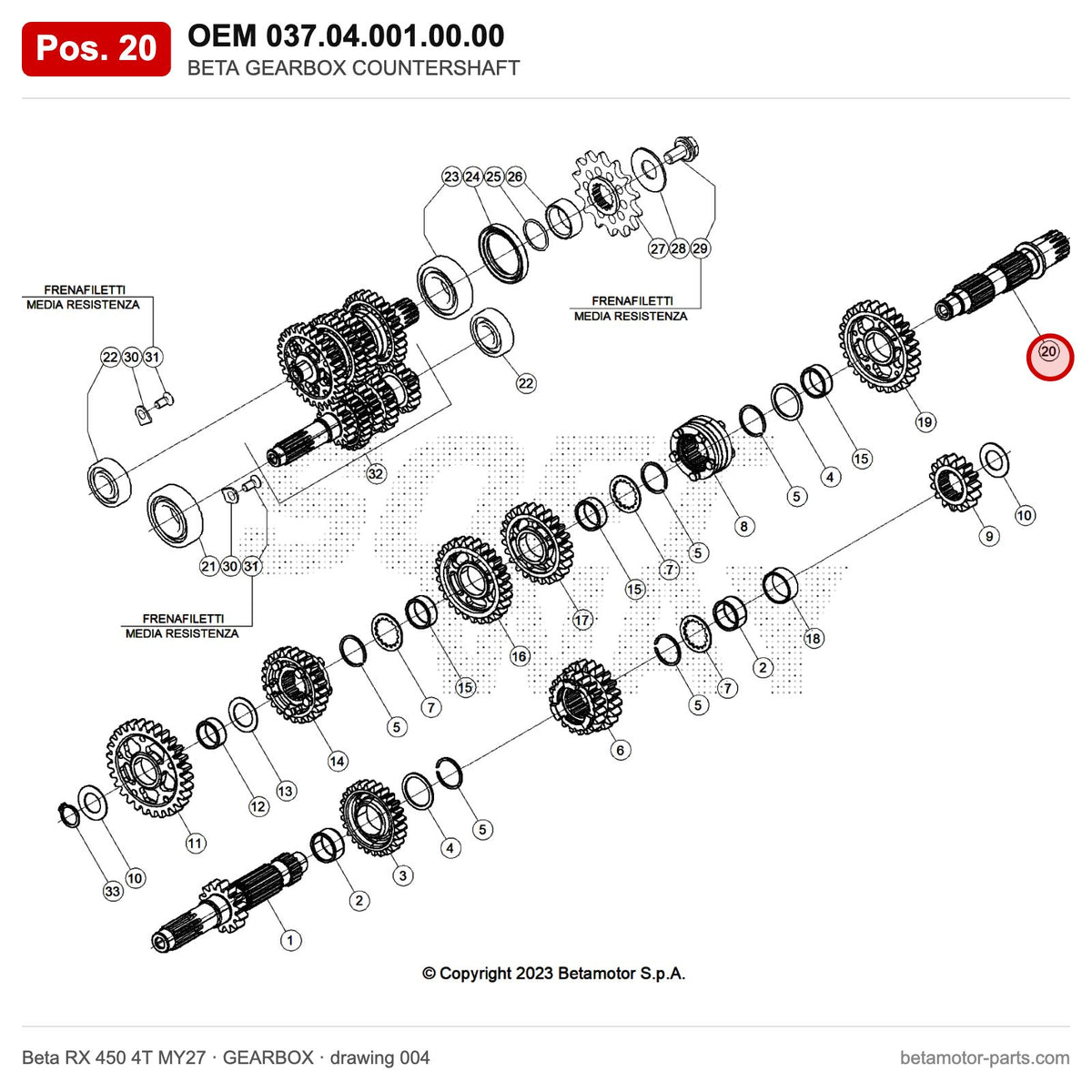 BETA GEARBOX COUNTERSHAFT – OEM 037.04.001.00.00, position 20 on the Beta RX 450 4T MY27 gearbox drawing