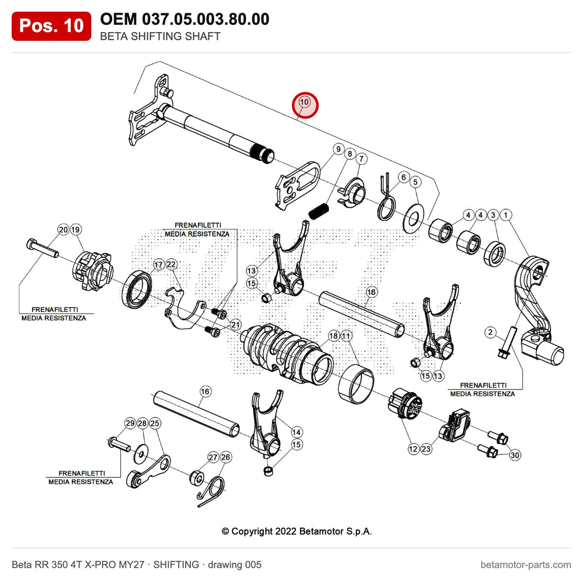 BETA SHIFTING SHAFT – OEM 037.05.003.80.00, position 10 on the Beta RR 350 4T X-PRO MY27 shifting drawing