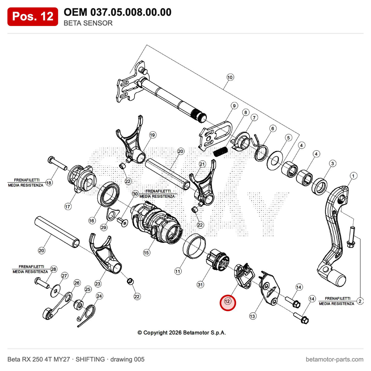 BETA SENSOR – OEM 037.05.008.00.00, position 12 on the Beta RX 250 4T MY27 shifting drawing