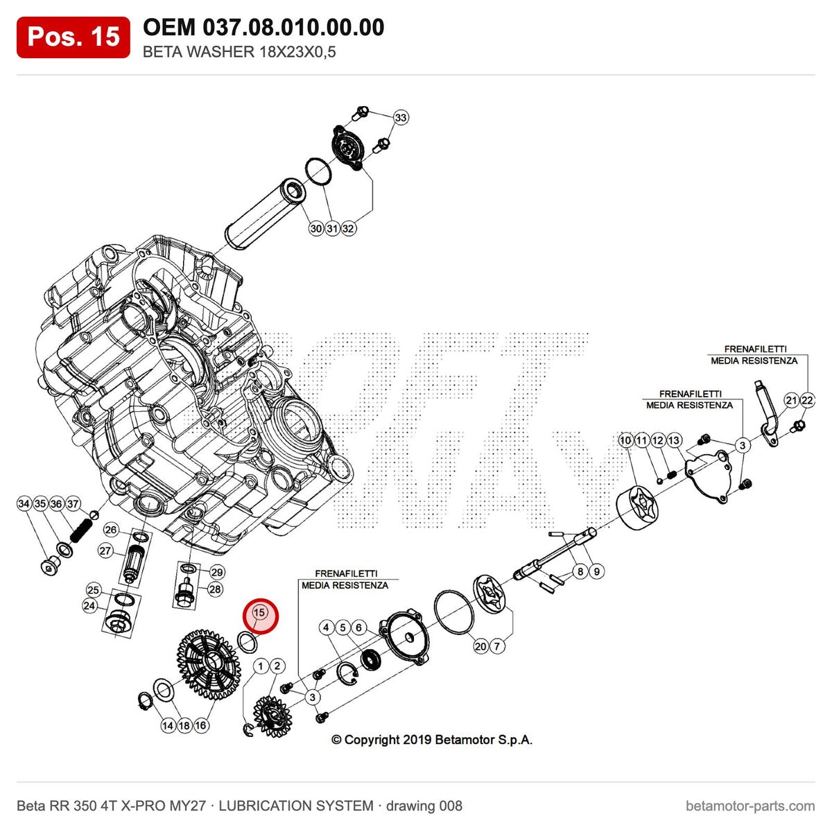 BETA WASHER 18X23X0,5 – OEM 037.08.010.00.00, position 15 on the Beta RR 350 4T X-PRO MY27 lubrication system drawing
