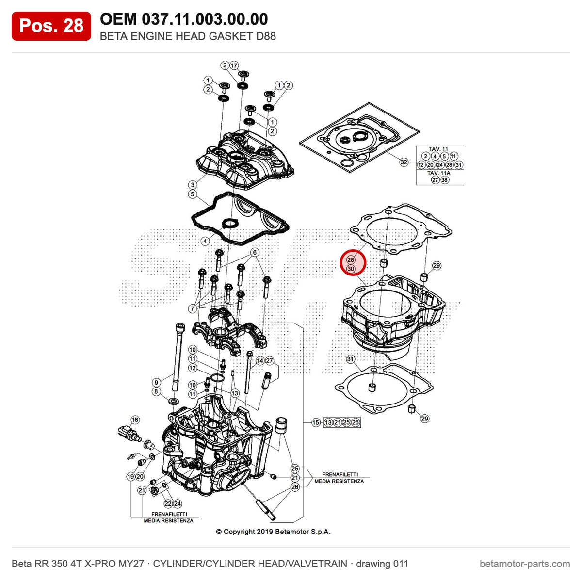 BETA ENGINE HEAD GASKET D88 – OEM 037.11.003.00.00, position 28 on the Beta RR 350 4T X-PRO MY27 cylinder/cylinder head/valvetrain drawing