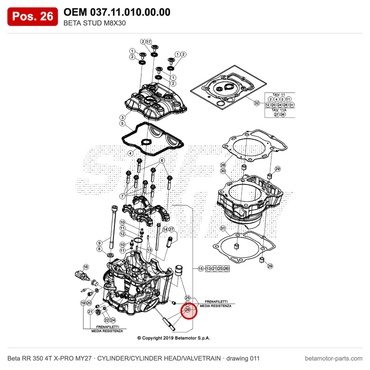 BETA STUD M8X30 – OEM 037.11.010.00.00, position 26 on the Beta RR 350 4T X-PRO MY27 cylinder/cylinder head/valvetrain drawing