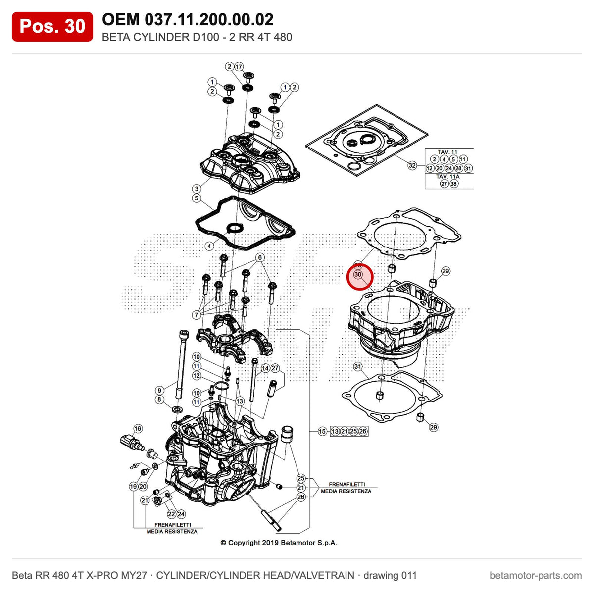 BETA CYLINDER D100 - 2 RR 4T 480 – OEM 037.11.200.00.02, position 30 on the Beta RR 480 4T X-PRO MY27 cylinder/cylinder head/valvetrain drawing