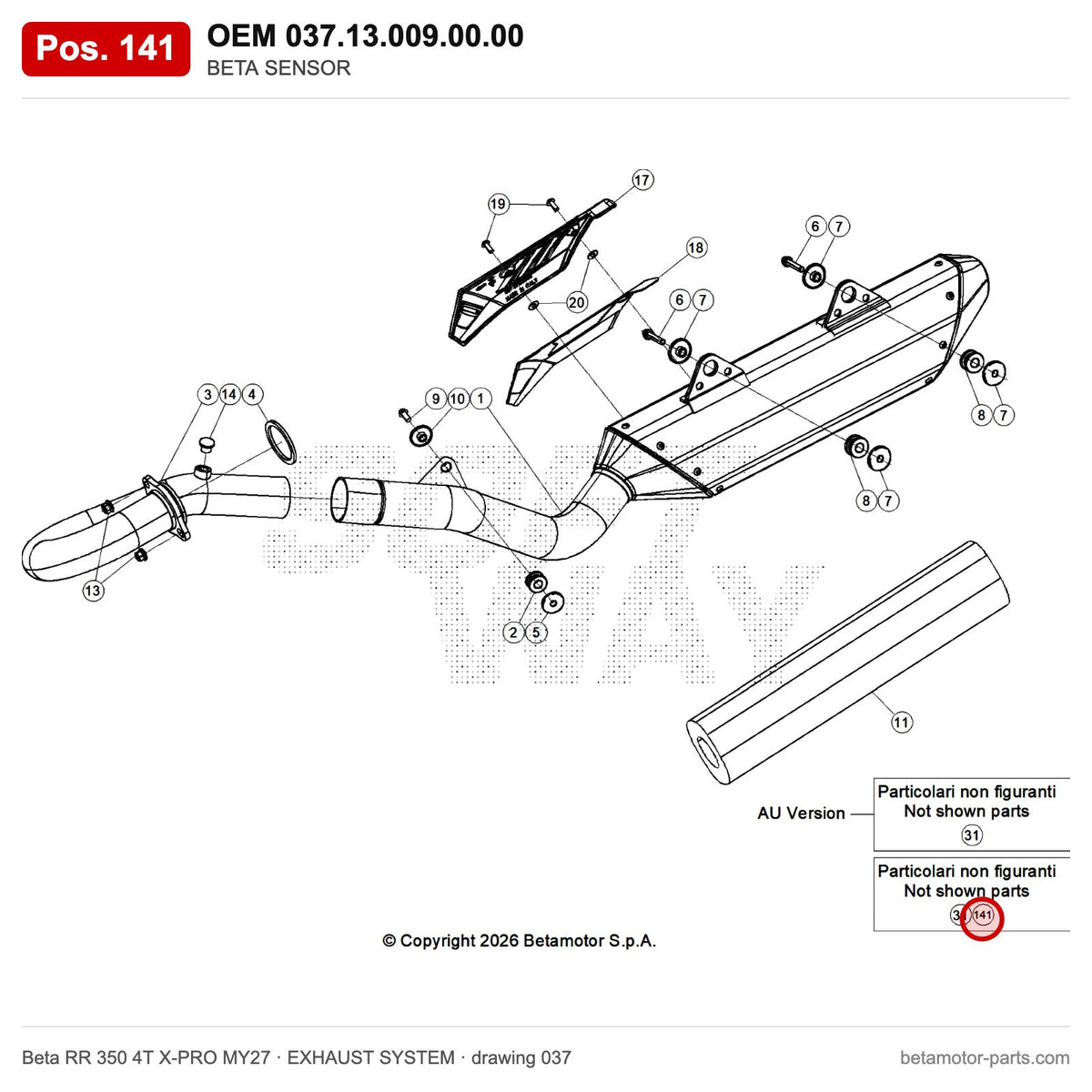 BETA SENSOR – OEM 037.13.009.00.00, position 141 on the Beta RR 350 4T X-PRO MY27 exhaust system drawing