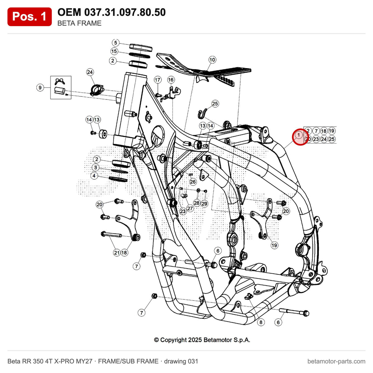 BETA FRAME – OEM 037.31.097.80.50, position 1 on the Beta RR 350 4T X-PRO MY27 frame/sub frame drawing