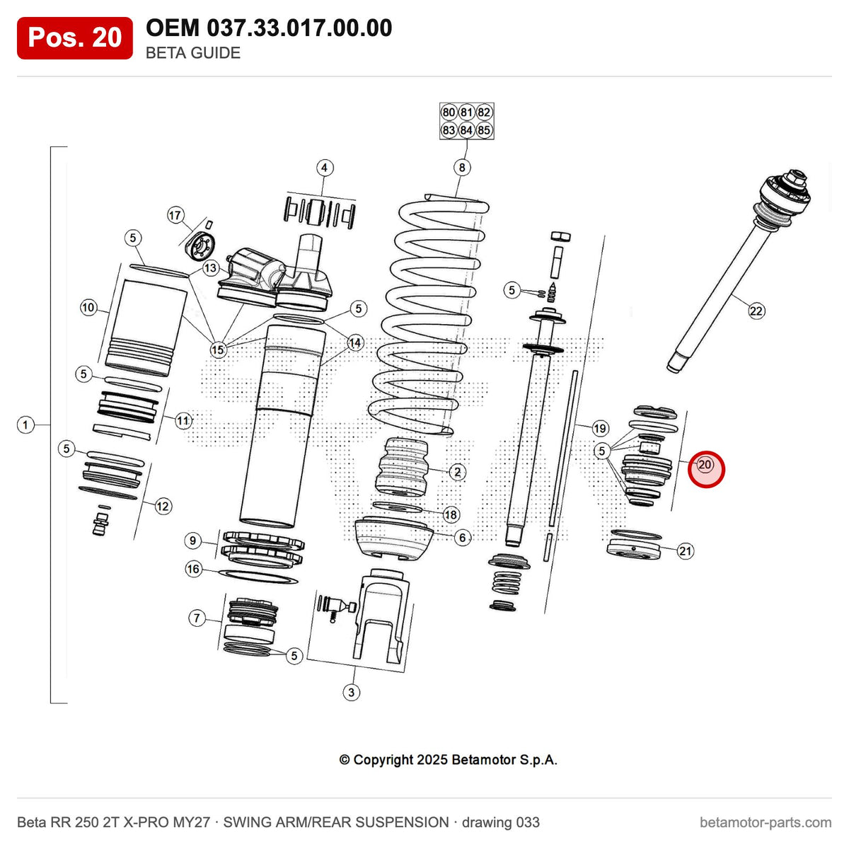 BETA GUIDE – OEM 037.33.017.00.00, position 20 on the Beta RR 250 2T X-PRO MY27 swing arm/rear suspension drawing