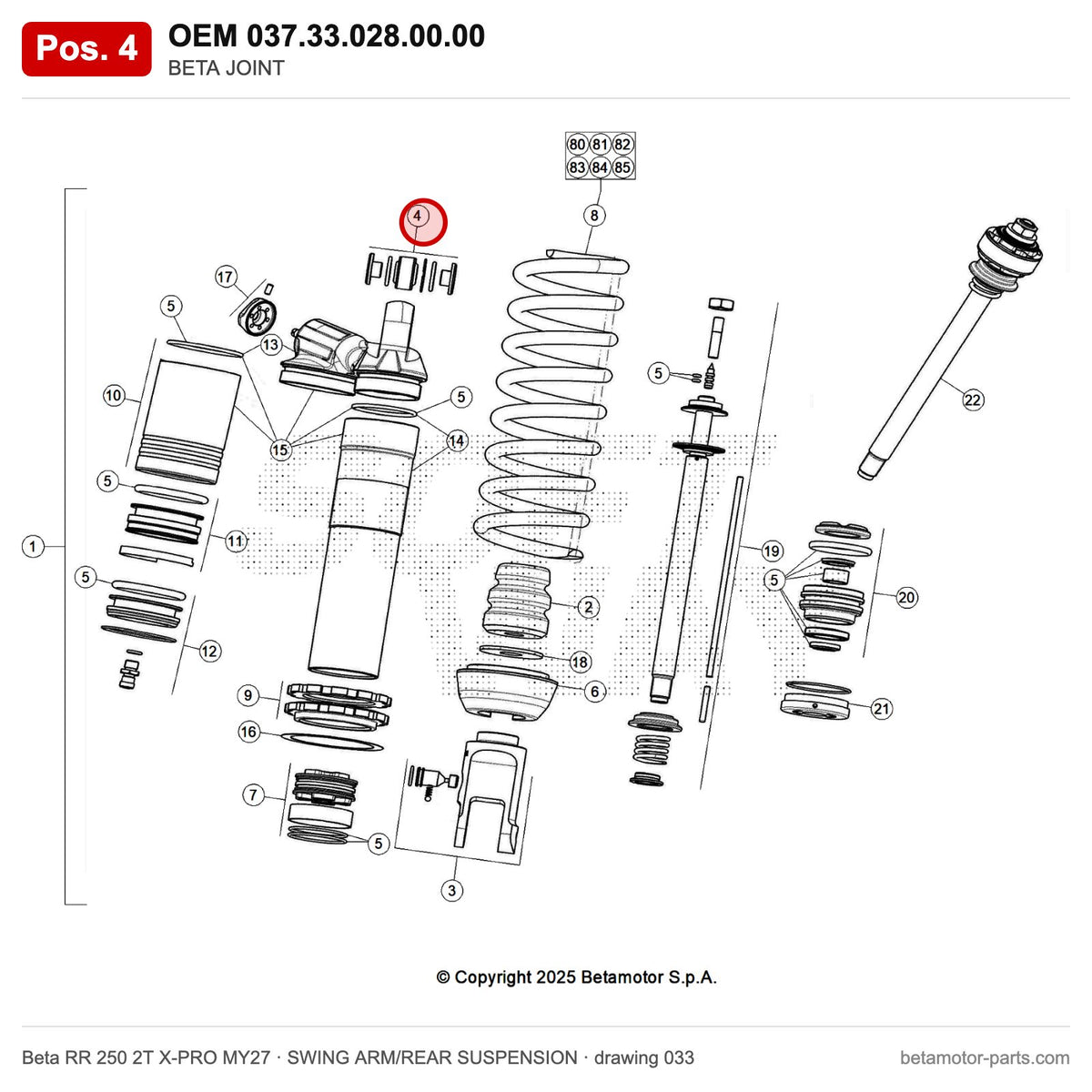 BETA JOINT – OEM 037.33.028.00.00, position 4 on the Beta RR 250 2T X-PRO MY27 swing arm/rear suspension drawing