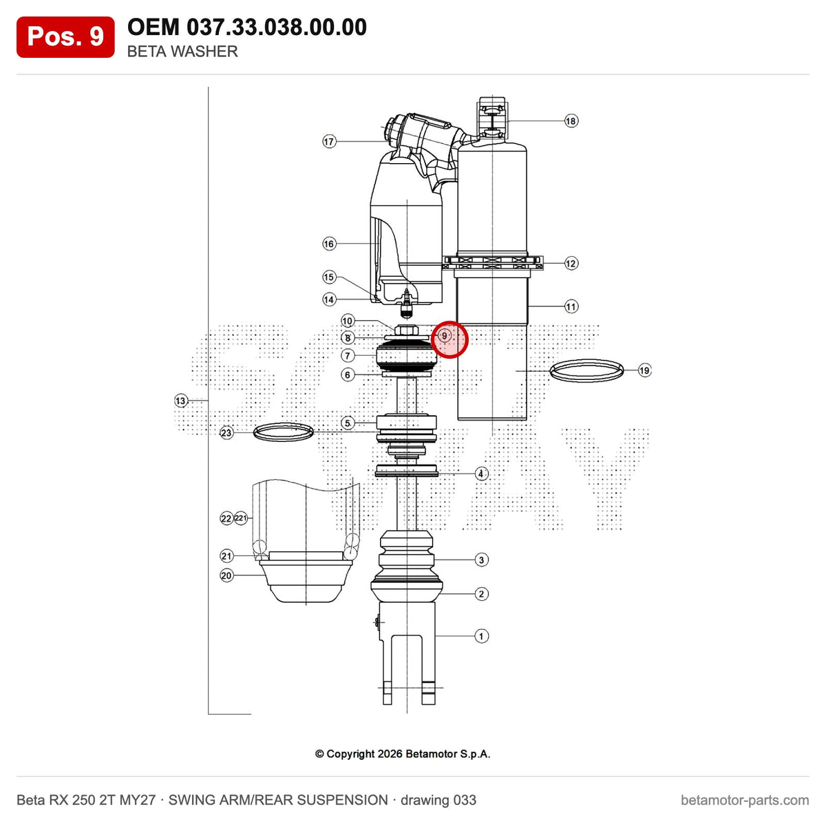BETA WASHER – OEM 037.33.038.00.00, position 9 on the Beta RX 250 2T MY27 swing arm/rear suspension drawing