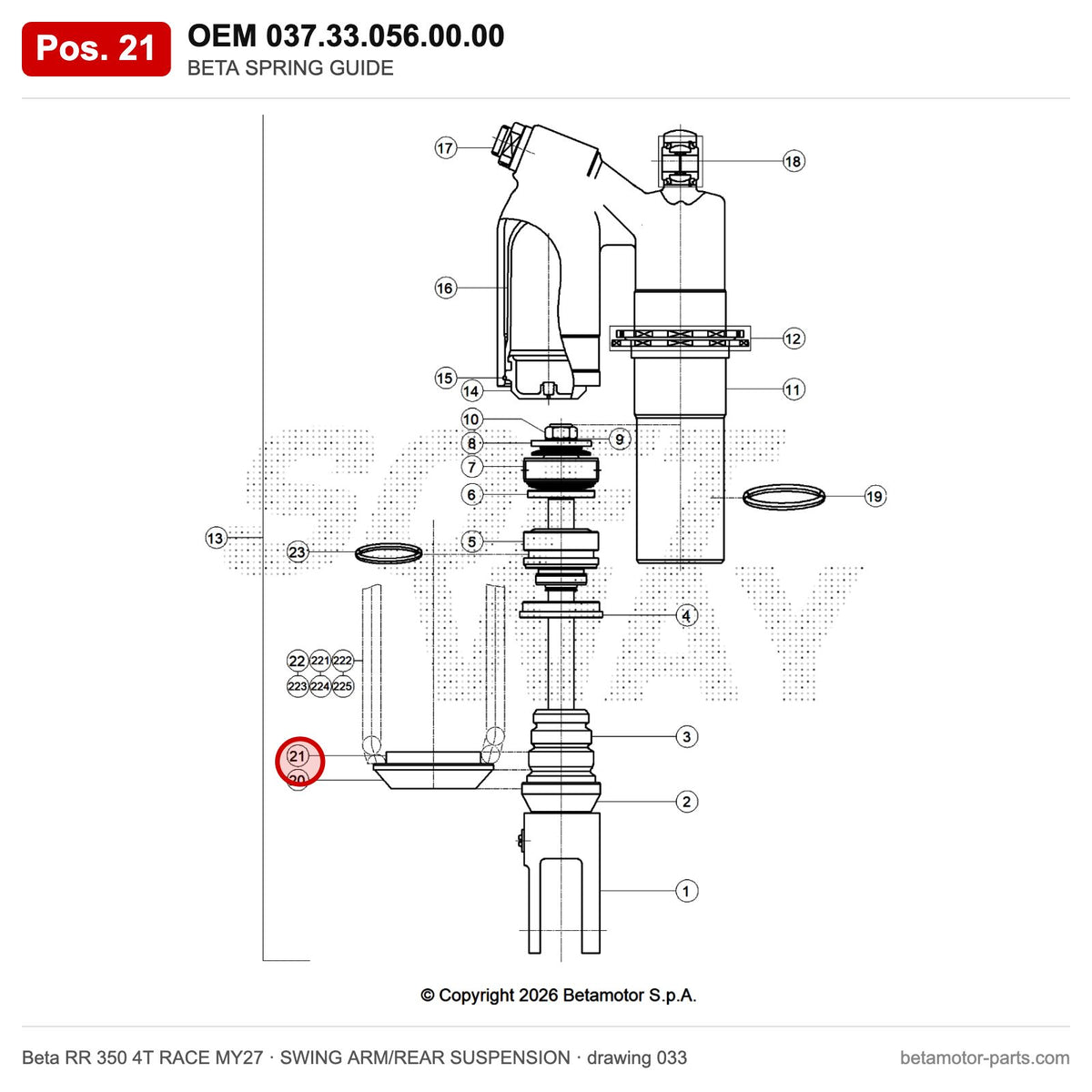 BETA SPRING GUIDE – OEM 037.33.056.00.00, position 21 on the Beta RR 350 4T RACE MY27 swing arm/rear suspension drawing