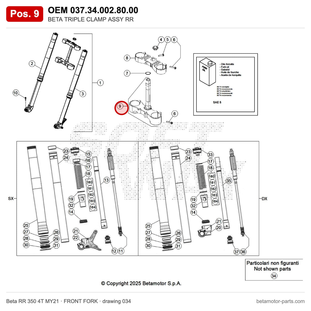 BETA TRIPLE CLAMP ASSY RR – OEM 037.34.002.80.00, position 9 on the Beta RR 350 4T MY21 front fork drawing