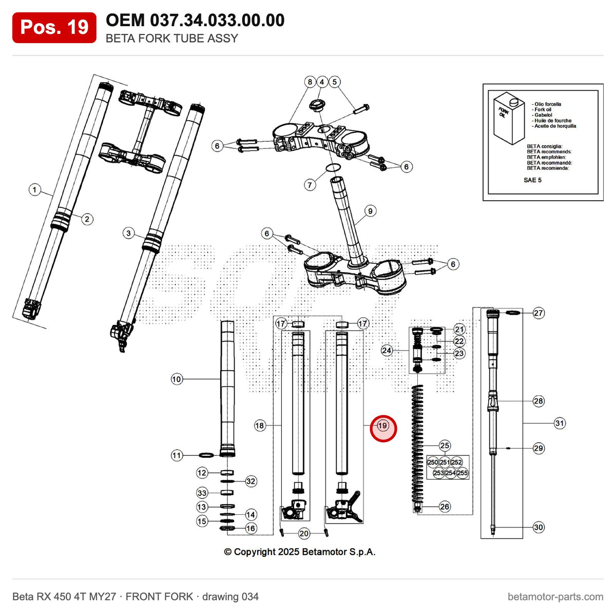 BETA FORK TUBE ASSY – OEM 037.34.033.00.00, position 19 on the Beta RX 450 4T MY27 front fork drawing