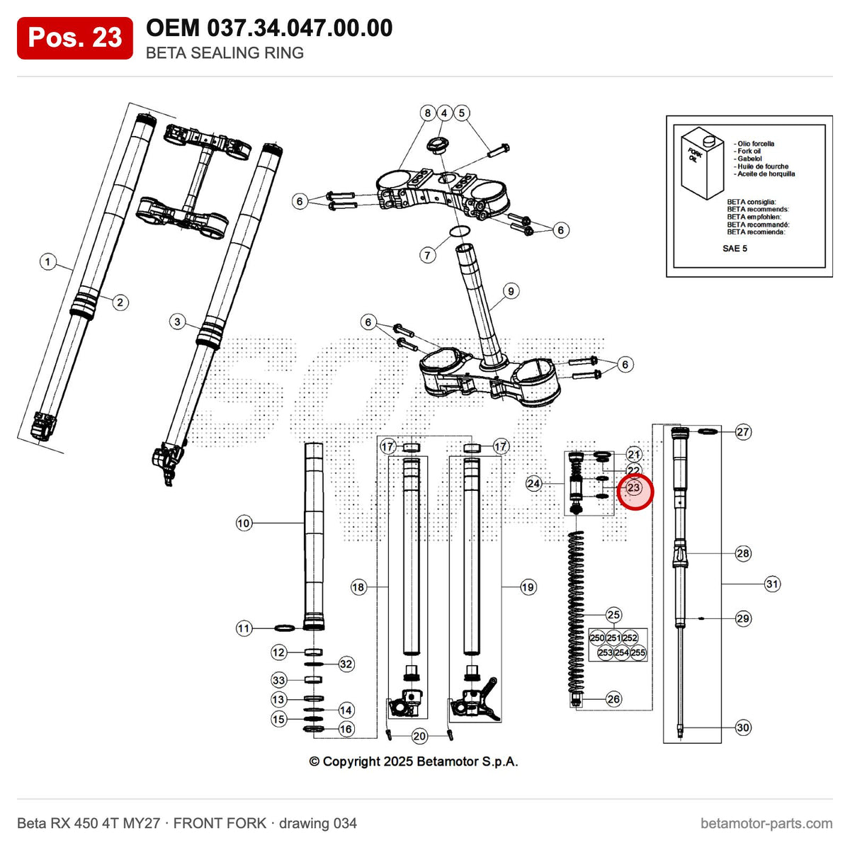 BETA SEALING RING – OEM 037.34.047.00.00, position 23 on the Beta RX 450 4T MY27 front fork drawing