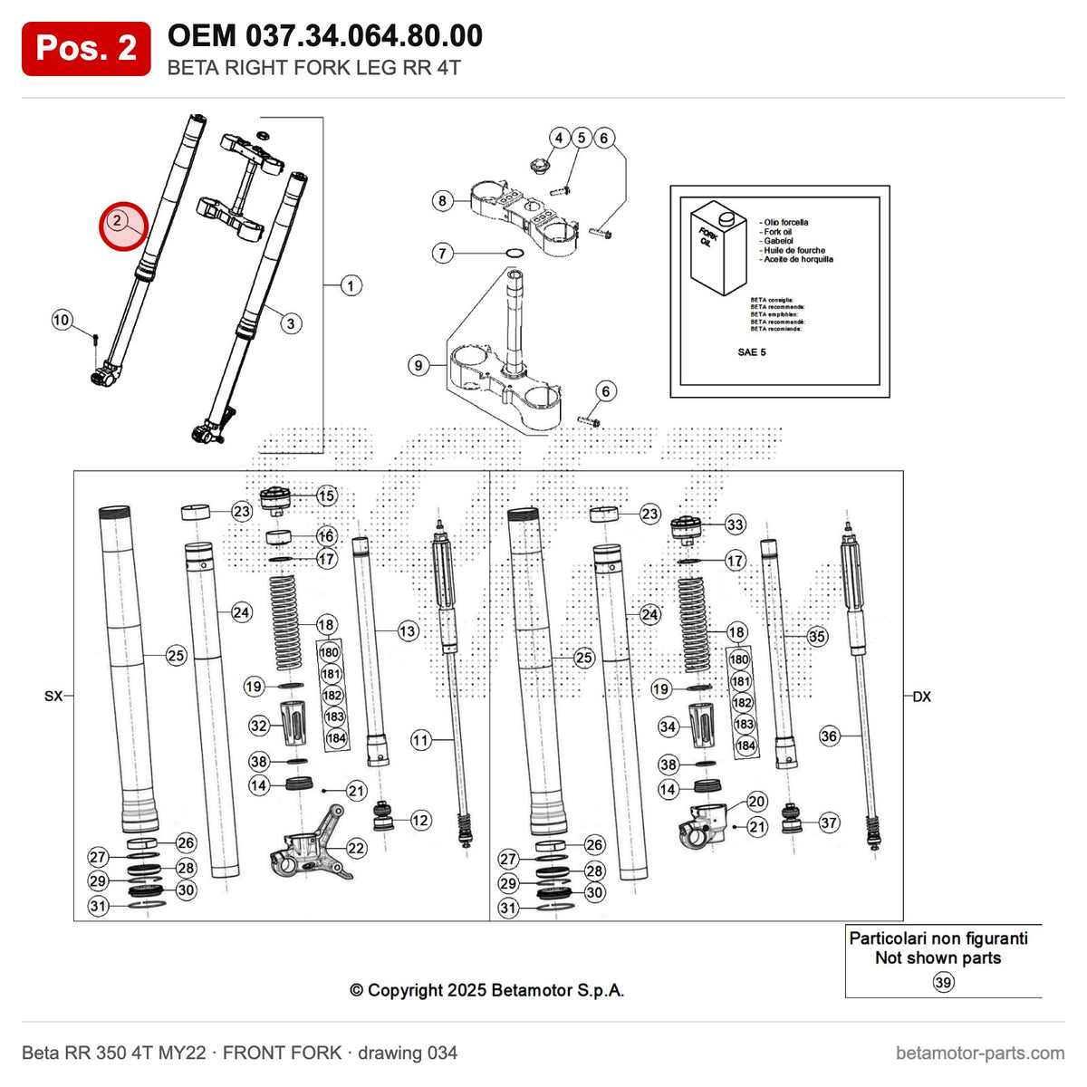 BETA RIGHT FORK LEG RR 4T – OEM 037.34.064.80.00, position 2 on the Beta RR 350 4T MY22 front fork drawing