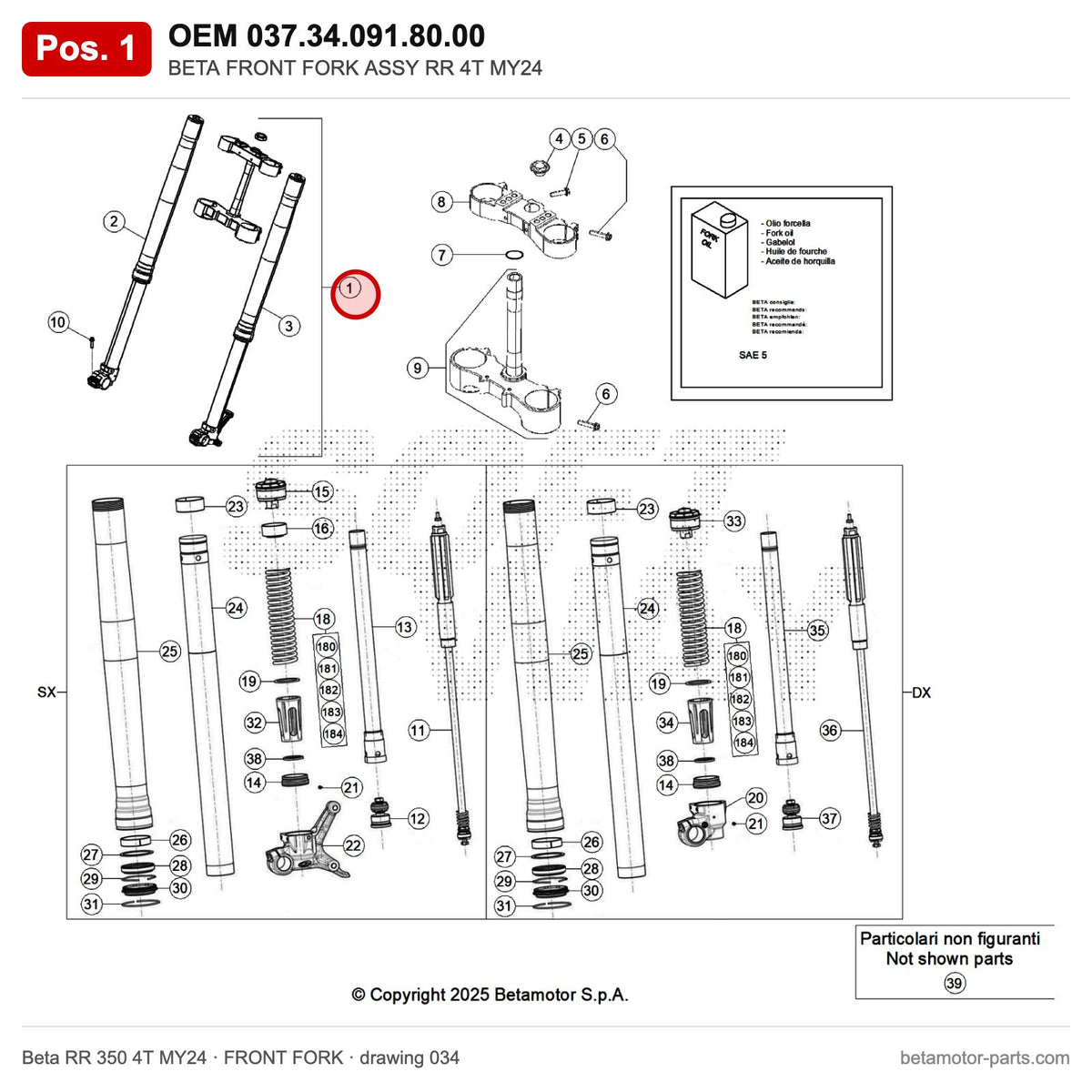 BETA FRONT FORK ASSY RR 4T MY24 – OEM 037.34.091.80.00, position 1 on the Beta RR 350 4T MY24 front fork drawing