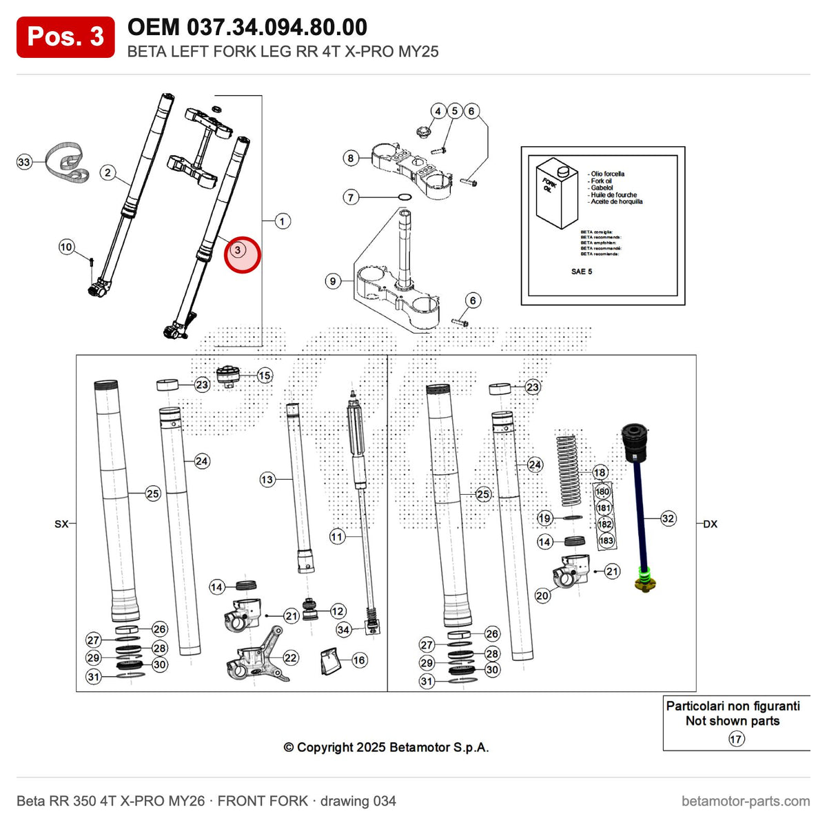 BETA LEFT FORK LEG RR 4T X-PRO MY25 – OEM 037.34.094.80.00, position 3 on the Beta RR 350 4T X-PRO MY26 front fork drawing
