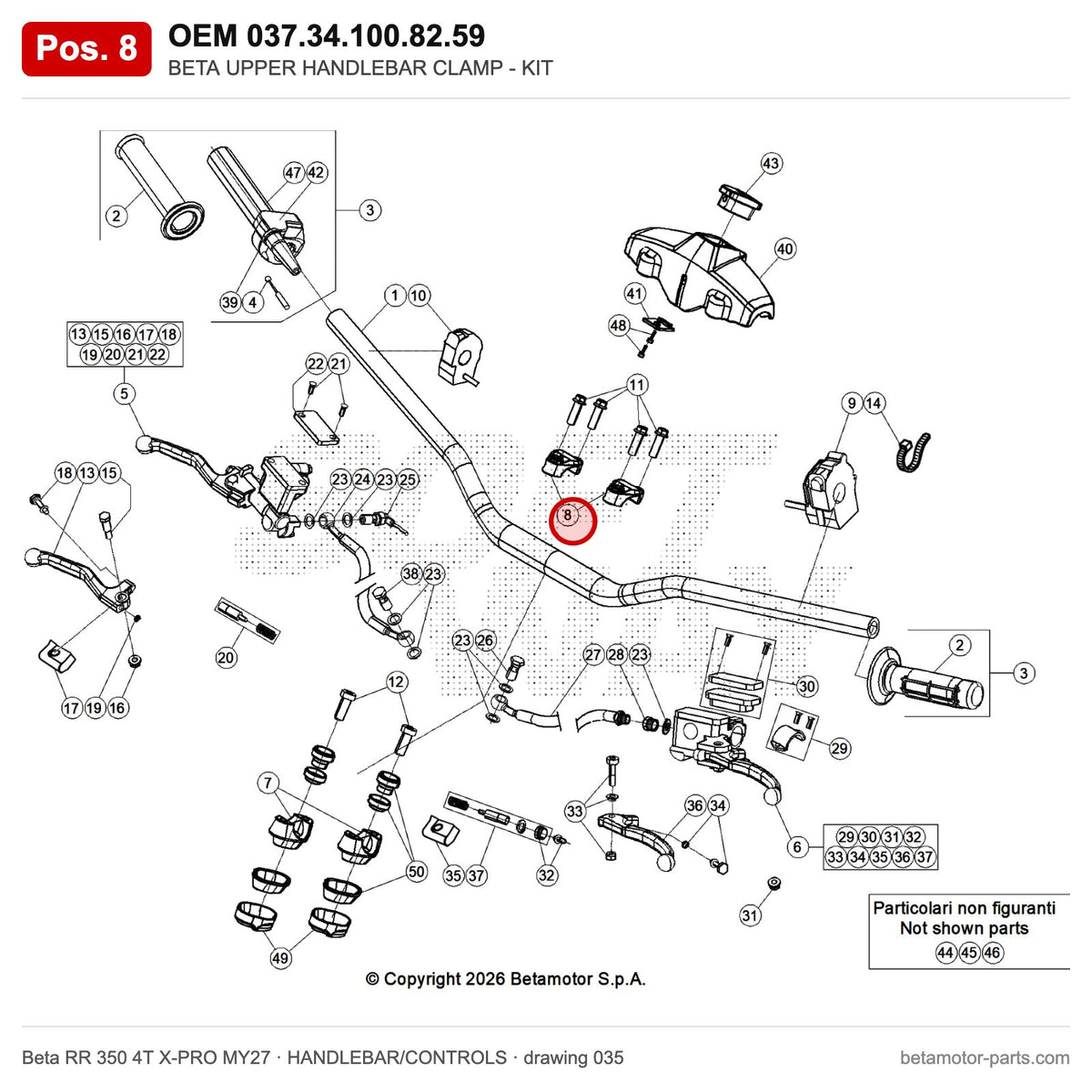 BETA UPPER HANDLEBAR CLAMP - KIT – OEM 037.34.100.82.59, position 8 on the Beta RR 350 4T X-PRO MY27 handlebar/controls drawing