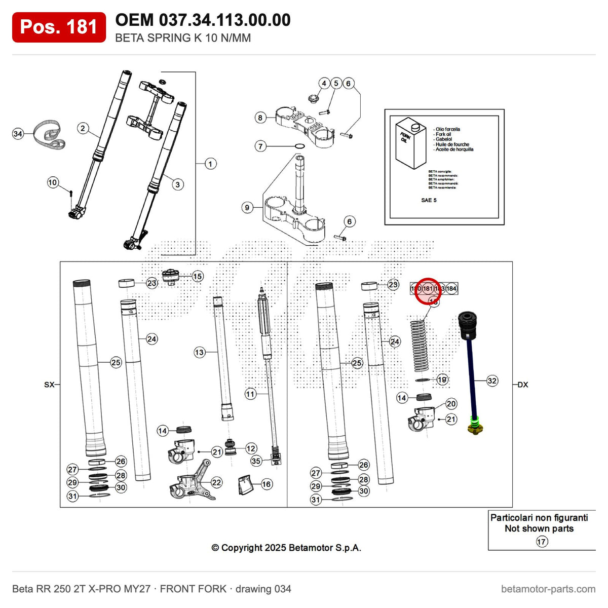 BETA SPRING K 10 N/MM – OEM 037.34.113.00.00, position 181 on the Beta RR 250 2T X-PRO MY27 front fork drawing