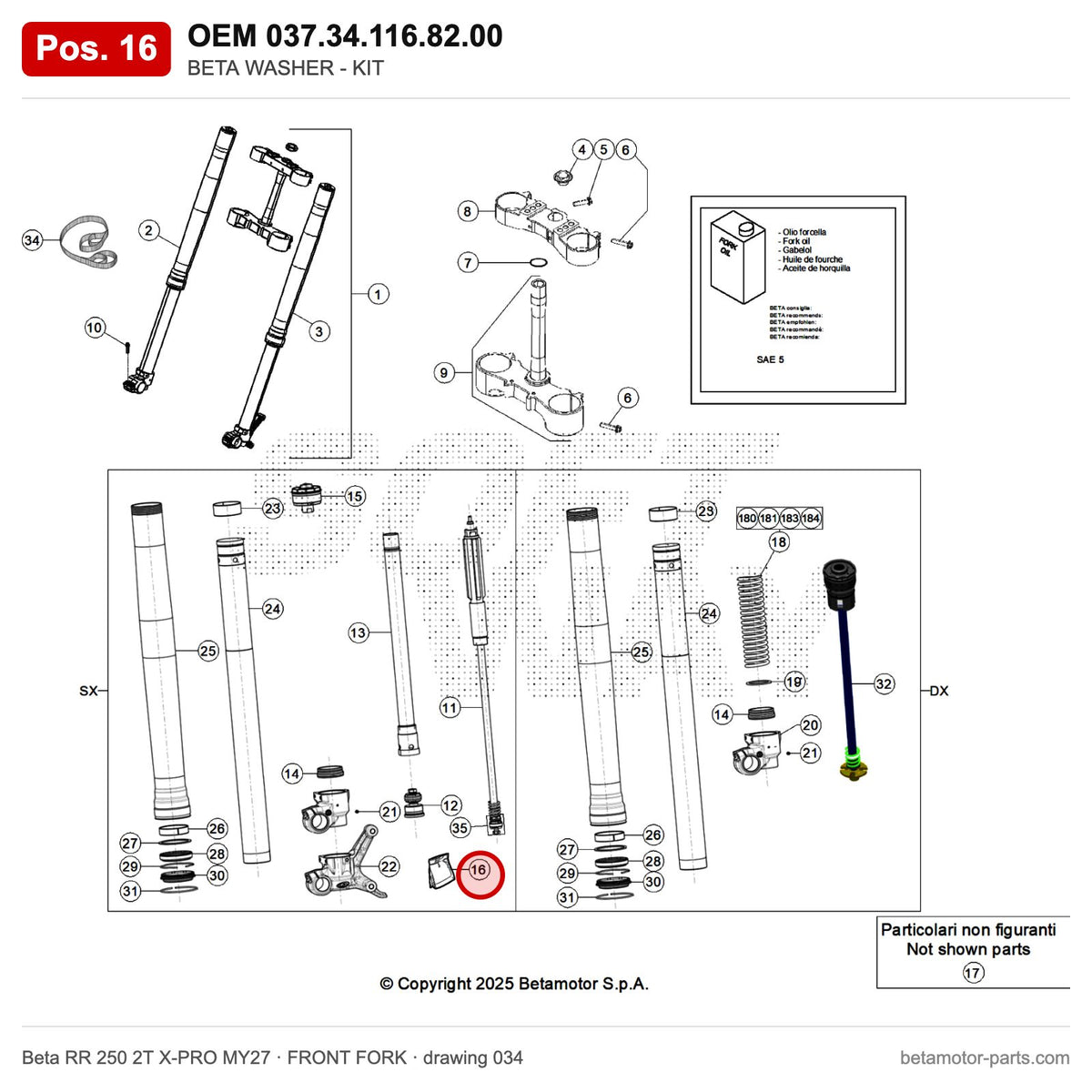 BETA WASHER - KIT – OEM 037.34.116.82.00, position 16 on the Beta RR 250 2T X-PRO MY27 front fork drawing