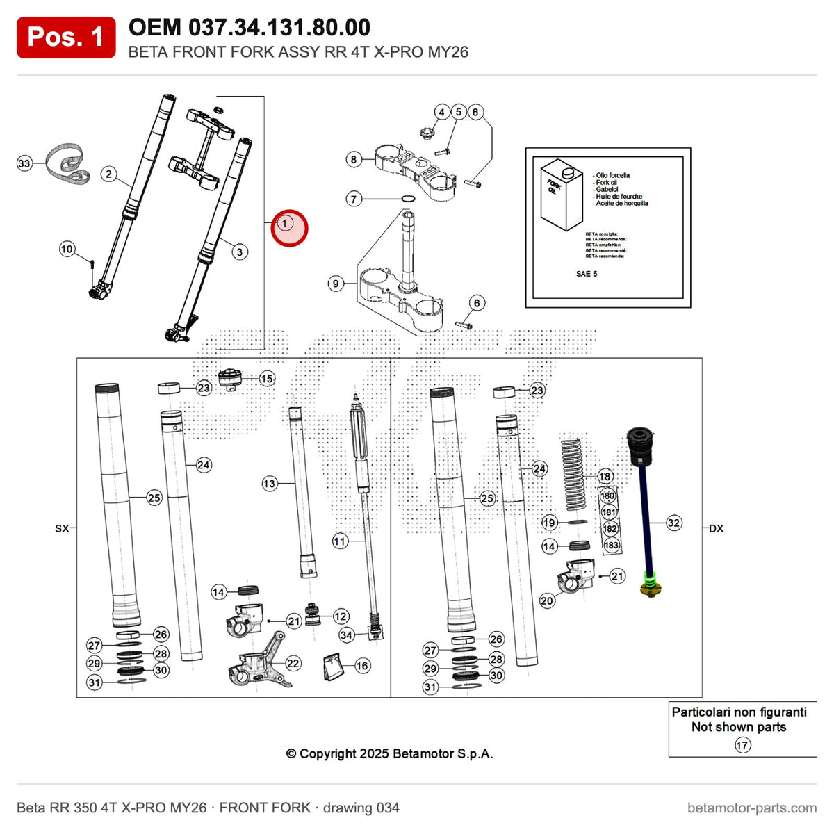 BETA FRONT FORK ASSY RR 4T X-PRO MY26 – OEM 037.34.131.80.00, position 1 on the Beta RR 350 4T X-PRO MY26 front fork drawing