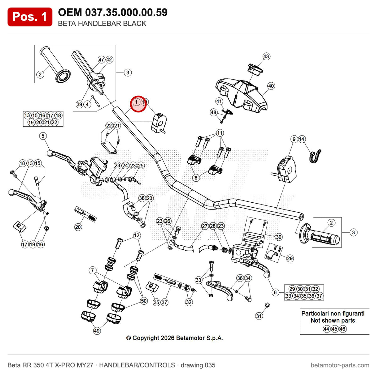 BETA HANDLEBAR BLACK – OEM 037.35.000.00.59, position 1 on the Beta RR 350 4T X-PRO MY27 handlebar/controls drawing