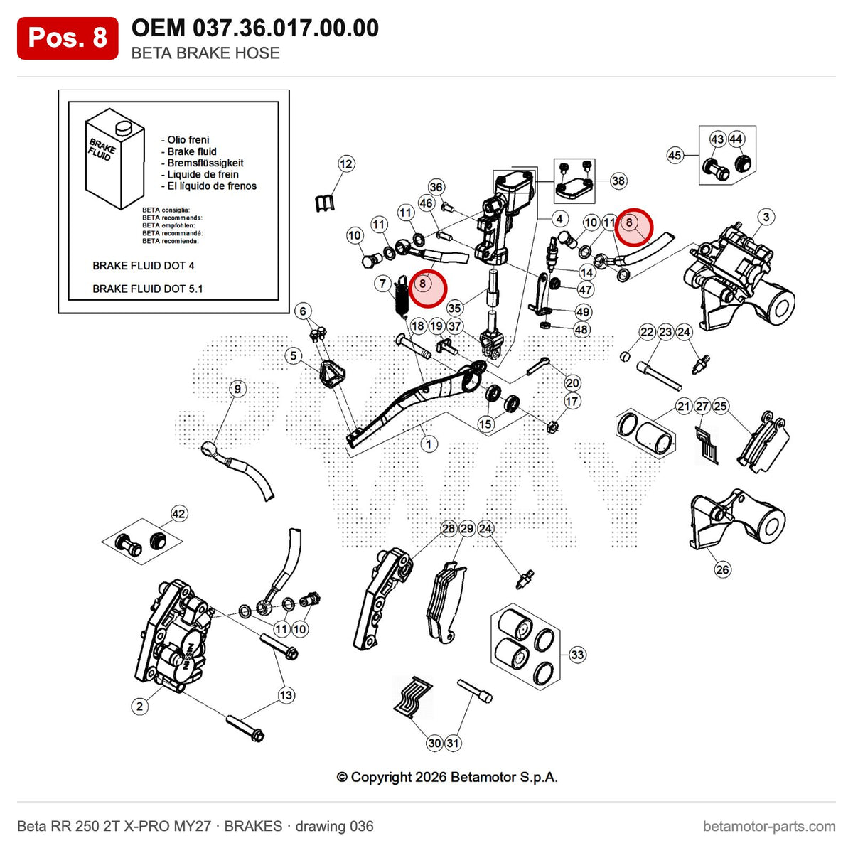BETA BRAKE HOSE_1 – OEM 037.36.017.00.00, position 8 on the Beta RR 250 2T X-PRO MY27 brakes drawing