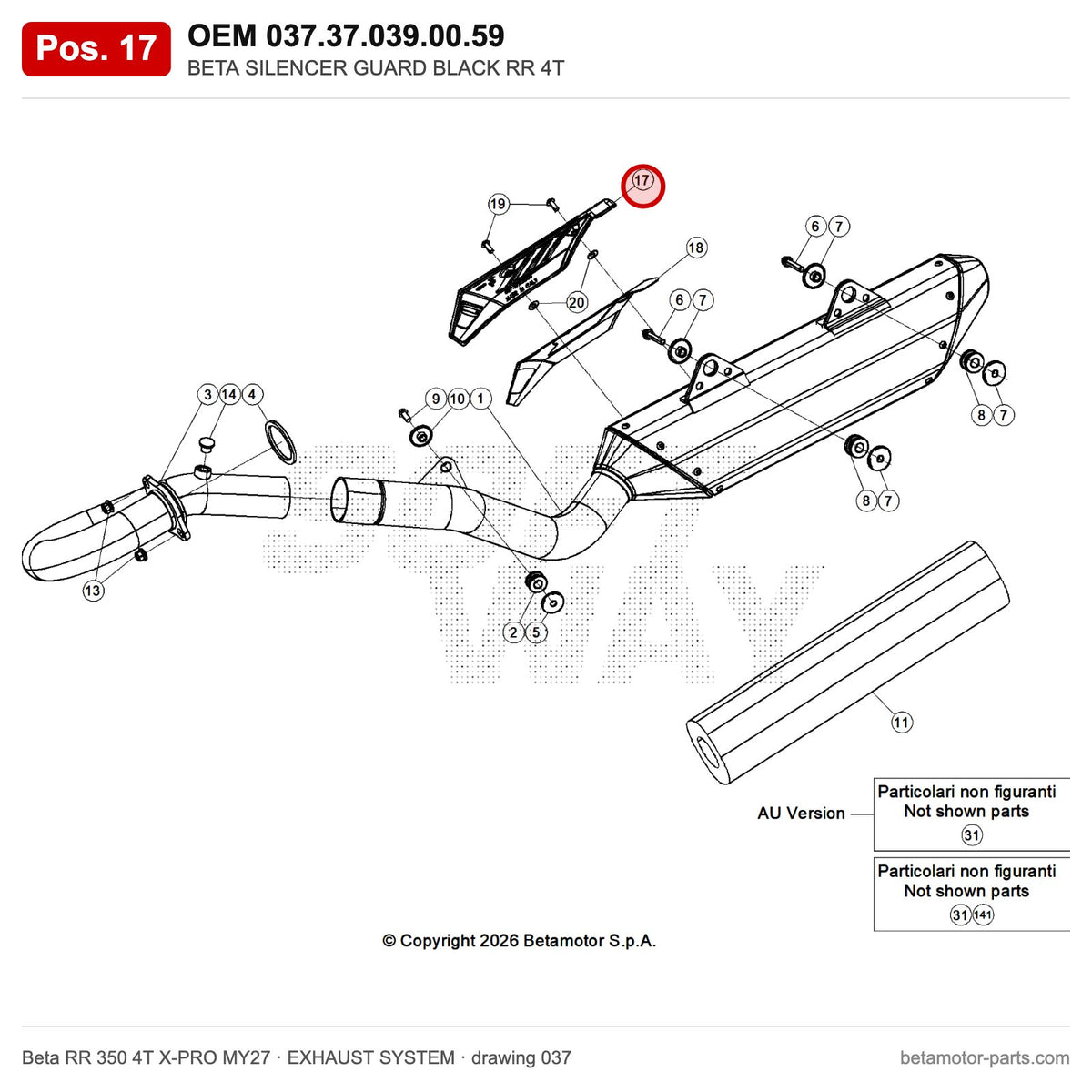 BETA SILENCER GUARD BLACK RR 4T – OEM 037.37.039.00.59, position 17 on the Beta RR 350 4T X-PRO MY27 exhaust system drawing