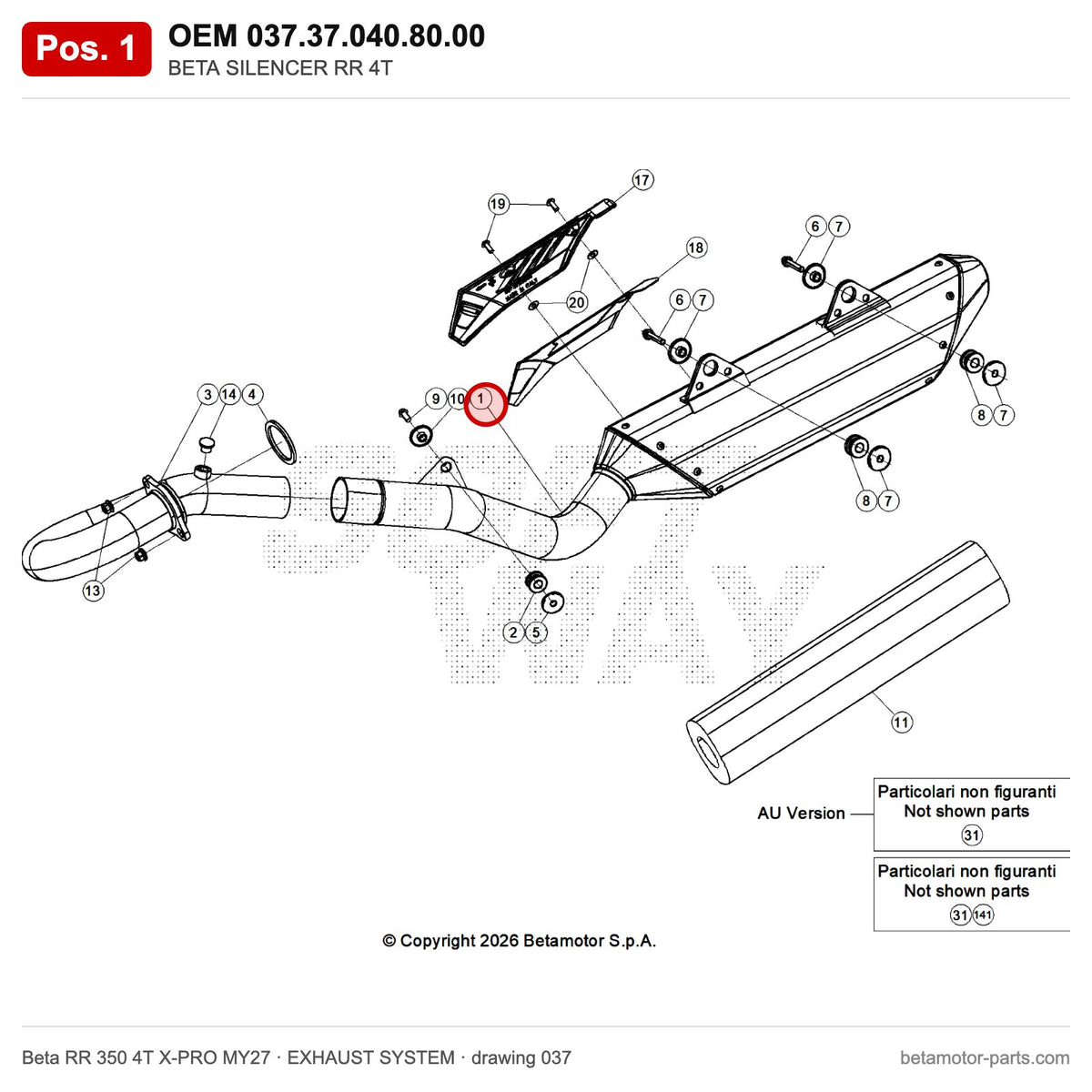 BETA SILENCER RR 4T – OEM 037.37.040.80.00, position 1 on the Beta RR 350 4T X-PRO MY27 exhaust system drawing