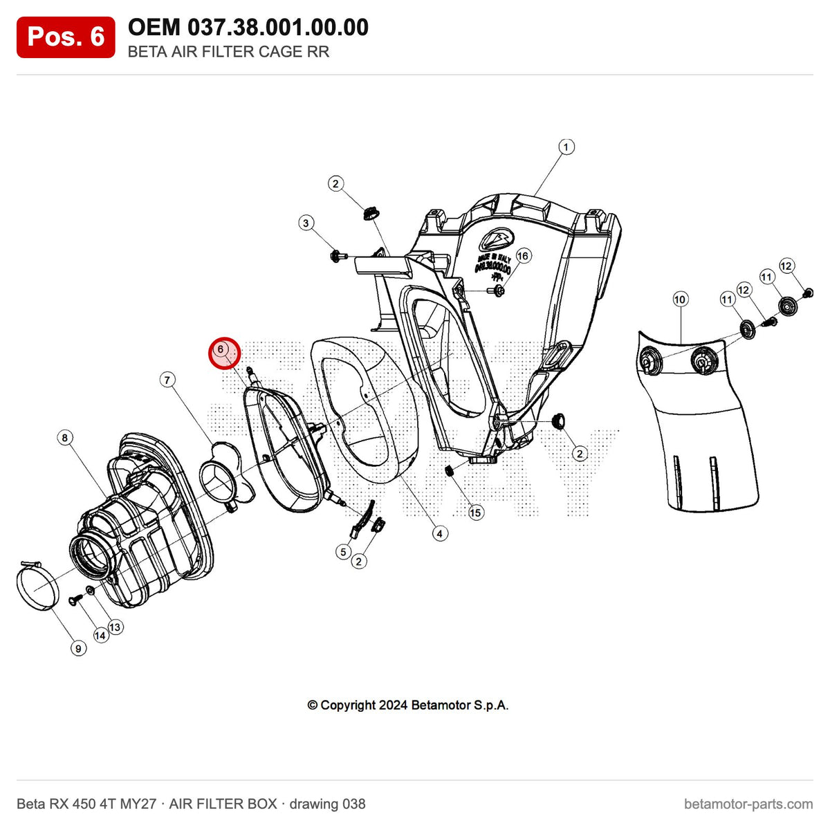 BETA AIR FILTER CAGE RR – OEM 037.38.001.00.00, position 6 on the Beta RX 450 4T MY27 air filter box drawing