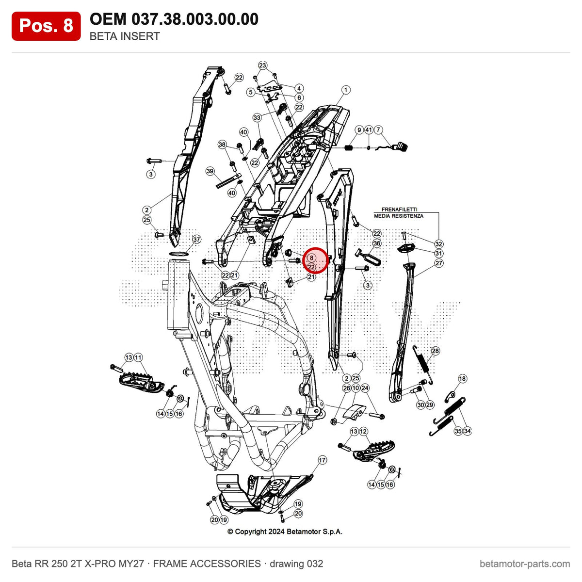 BETA INSERT – OEM 037.38.003.00.00, position 8 on the Beta RR 250 2T X-PRO MY27 frame accessories drawing