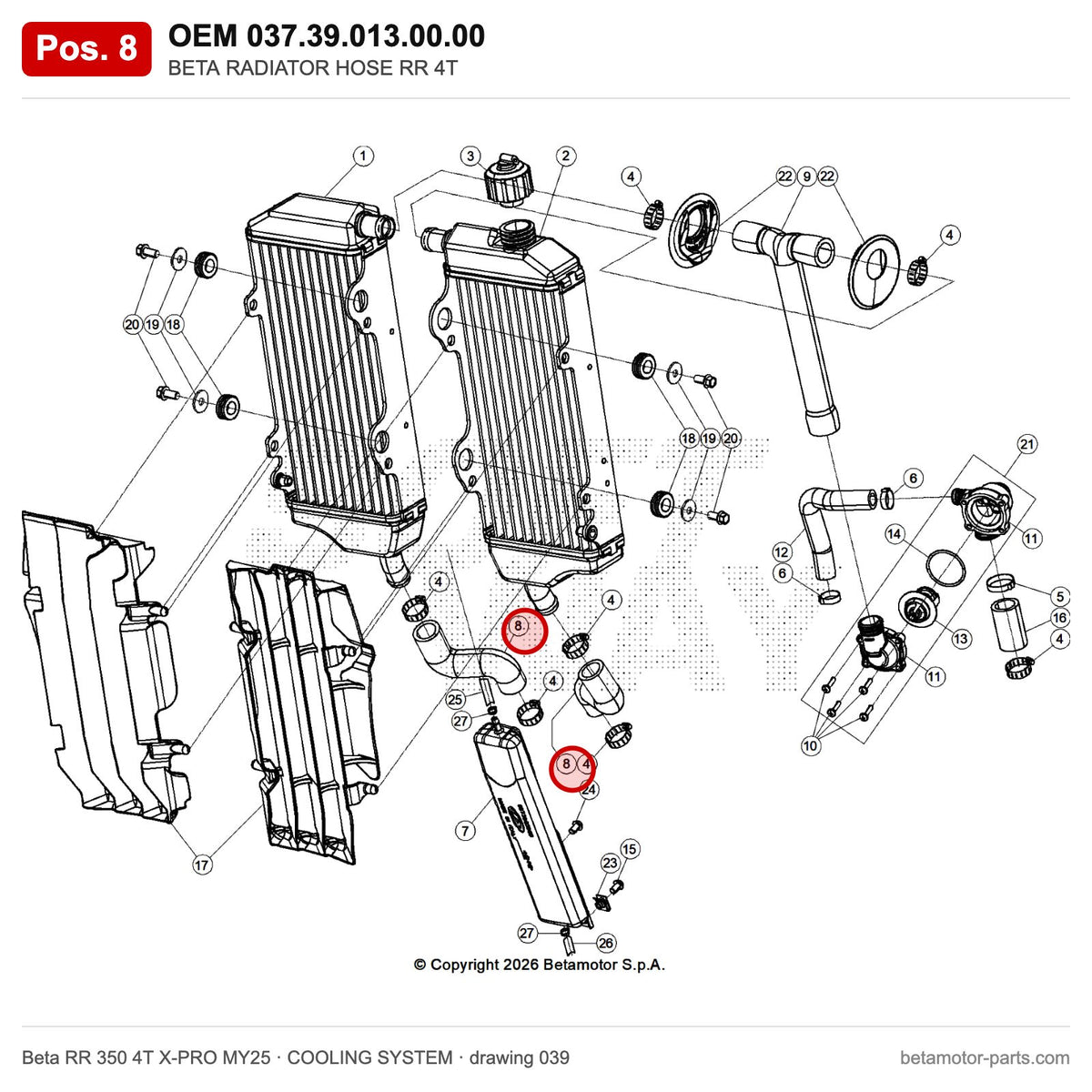 BETA RADIATOR HOSE RR 4T – OEM 037.39.013.00.00, position 8 on the Beta RR 350 4T X-PRO MY25 cooling system drawing